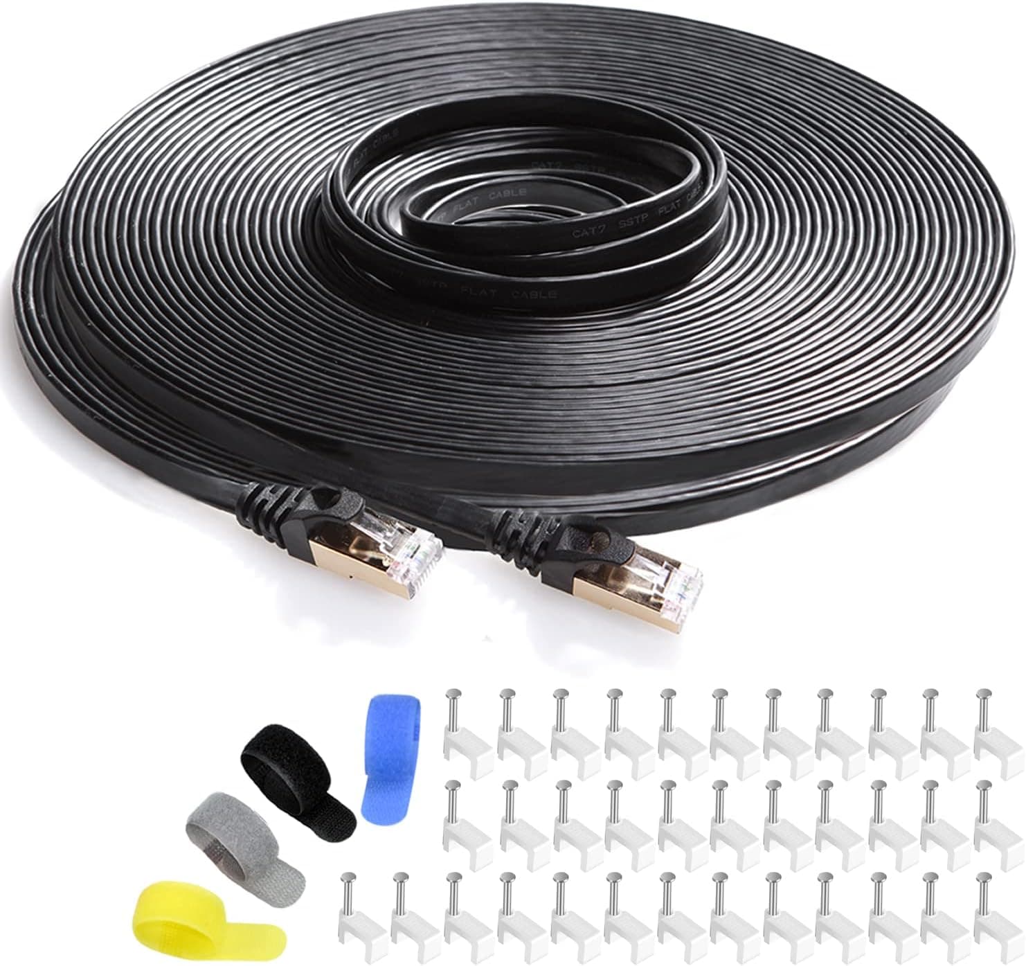 Cat 7 Shielded Ethernet Patch Cable 100 ft Black (Highest Speed Cable) Cat7 Flat Internet Network Cable with Snagless RJ45 Connector for Modem, Router, LAN, Computer + Free Cable Clips and Straps