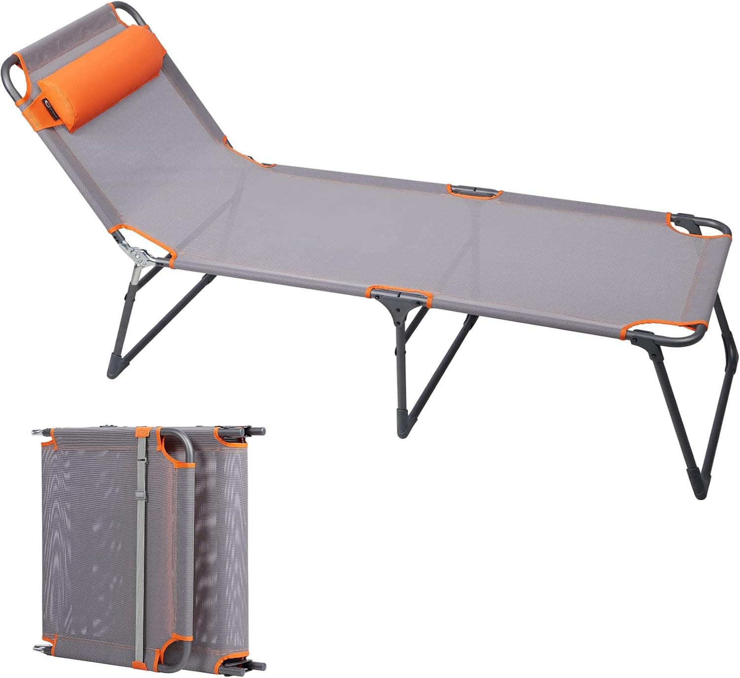 PORTAL Adjustable Portable Cot for Adults, Folding Chair, 4-Position Recliner with 250lbs Weight Capacity Lounger, Travel, Camping, Beach, and Hiking, Grey, Orange
