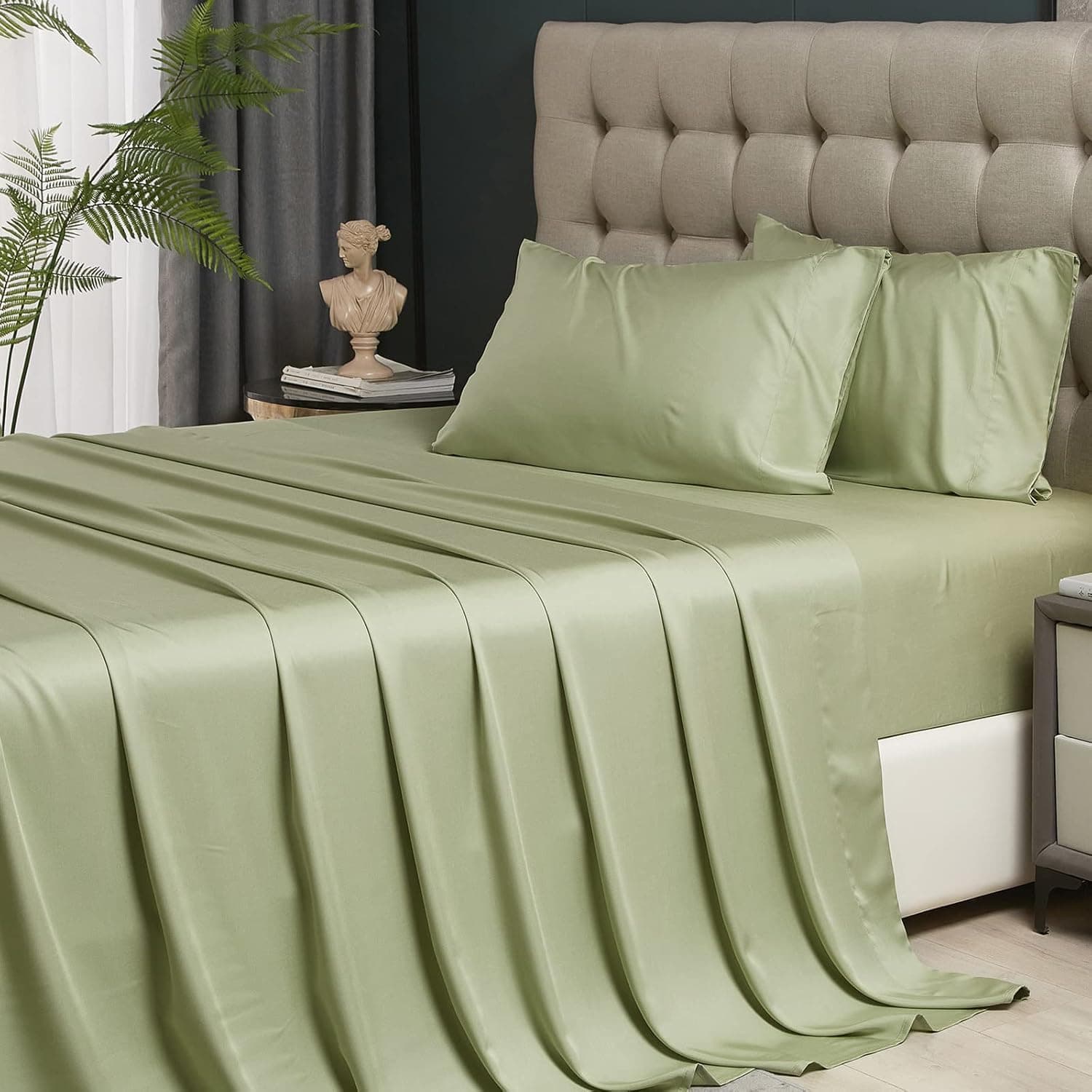HYPREST Sage Green Sheets - 100% Bamboo Sheets Silky Soft Breathable No Sweat Cooling Sheets for Hot Sleepers, Extra Deep Pocket Queen Sheets Fits 18"-24" Thick Mattress Hotel Luxury Bed Sheets Set