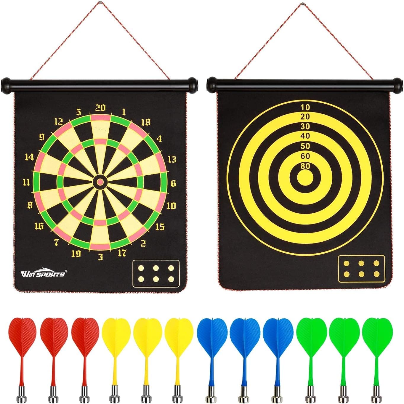 WIn SPORTS Magnetic Dart Board Kids Game,Two Sided Roll Up Dartboard,Indoor Outdoor Game,15 Inch Kids Darts Board,Includes 12 Magnetic Safe Darts,Easily Hangs Anywhere
