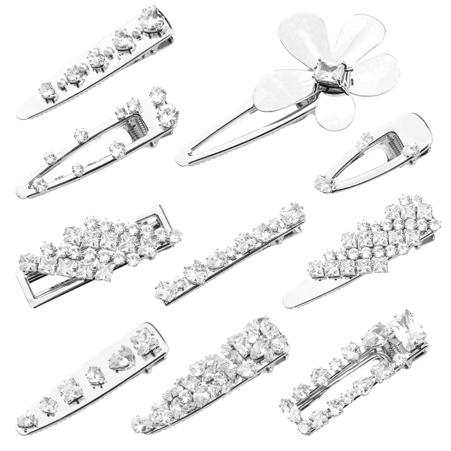 10 Pieces Zircon Hair Clips Luxury Crystal Alligator Hair Barrettes Stylish Metal Flower Alligator Hair Pins French Bling Rhinestone Sparkly Silver Hair Accessories Women Girls Wedding