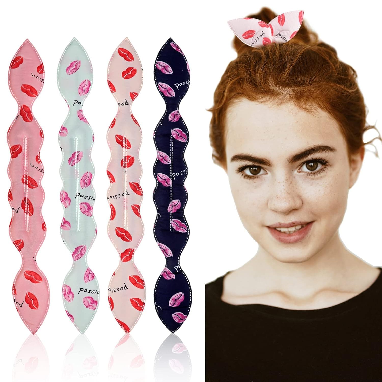 Hair Bun Maker 4 Pack Deft Bun Rabbit Ear Sponge Foam French Twist Donut Hair Donut Maker Hair Styling Maker Curl Bun Maker Lazy Hair Curler Accessories for Women Girls (Red Lip Pattern)