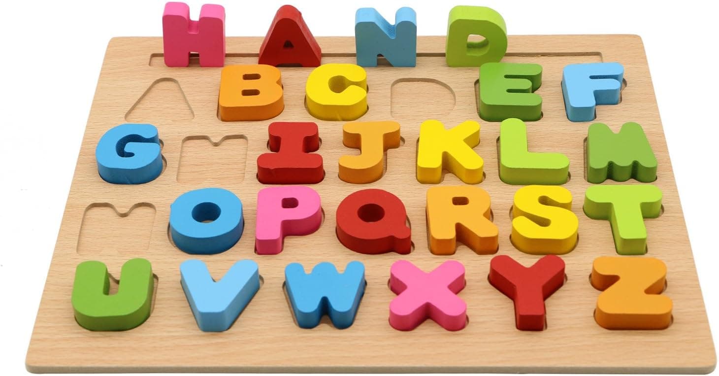 Motrent 26 Letters Wooden Uppercase Alphabet Puzzle Learning Jigsaw Board Toy for Kids Toddlers 1 2 3 Year Olds Boy and Girl Gifts