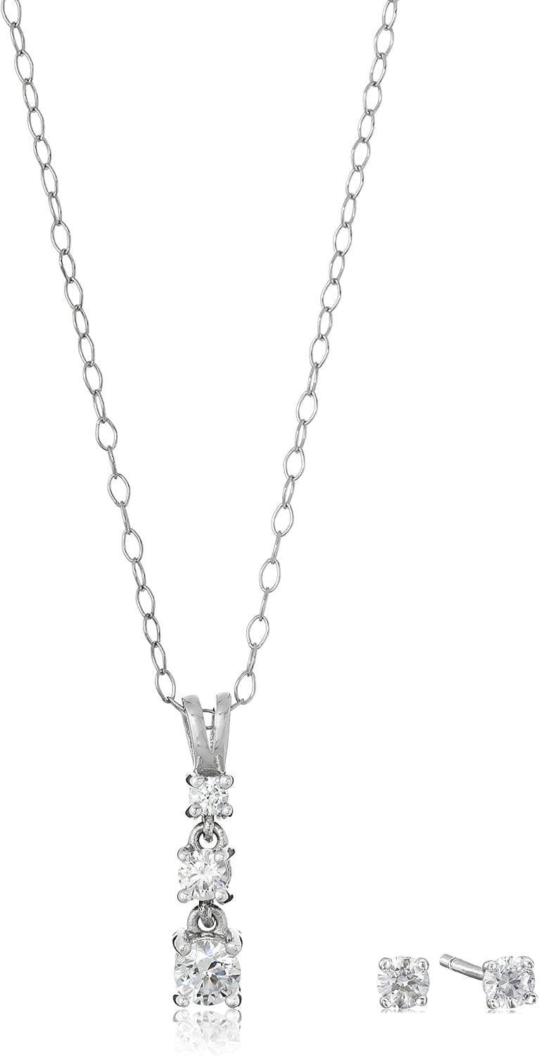 Amazon Collection Sterling Silver Swarovski Cubic Zirconia Journey Necklace Stud Earrings Jewelry Set