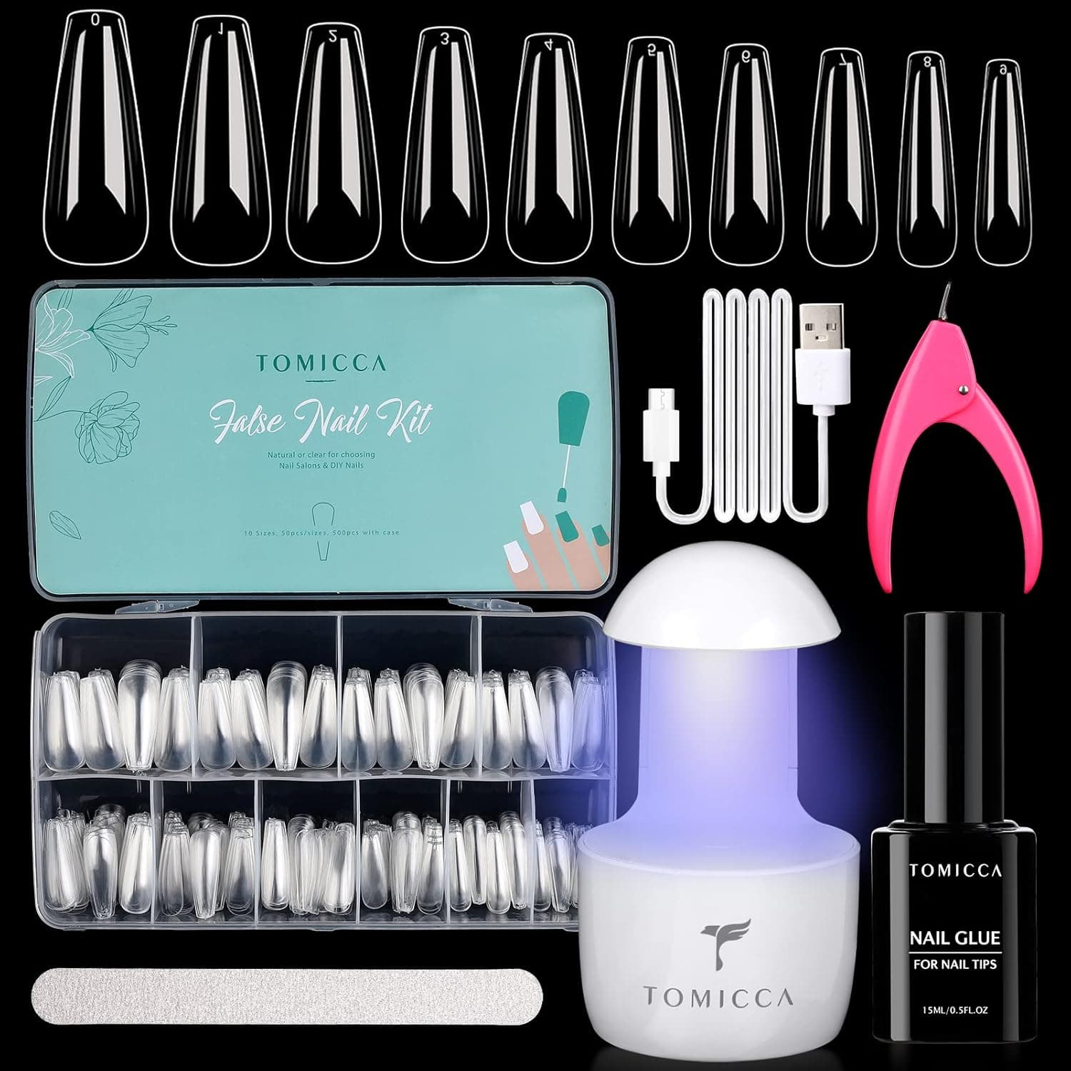 TOMICCA Nail Tips and Glue Gel Kit - 500PCS Coffin Soft Gel Nail Tips, Portable UV LED Nail Lamp and 15ML 4 In 1 Nail Glue Gel, Professional Acrylic Gel Nail Kit, Easy DIY Nail Art Extension Kit