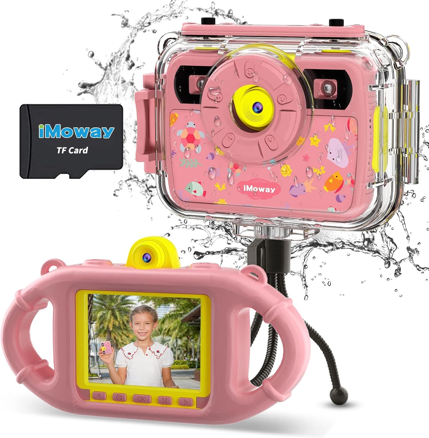 iMoway Kid Camera for Girls, Birthday Toys for Girls Underwater Digital Video Camera for Girls with Multiple Accessories, HD Toddler Camera for 3-12 Years Old Children (Light Pink)