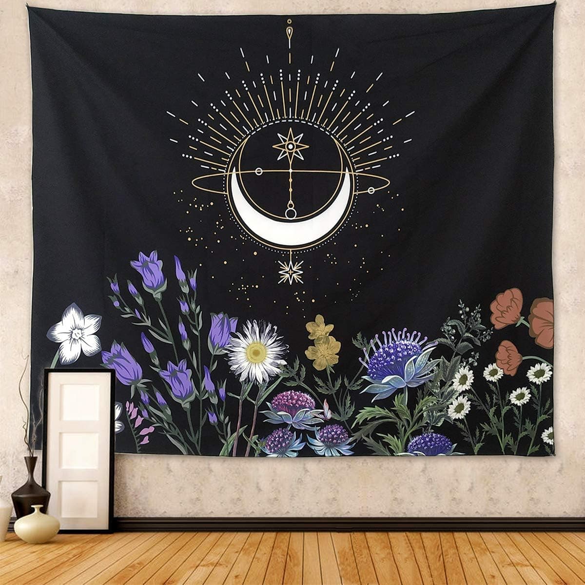 NASKY Floral Tapestry Moon Flowers Tapestry Wall Hanging Colorful Plants Wall Tapestry Vintage Black and White Tapestry for Bedroom Wall Hanging for Meditation(Flower, 70.9" X 90.6"-(180x230cm))