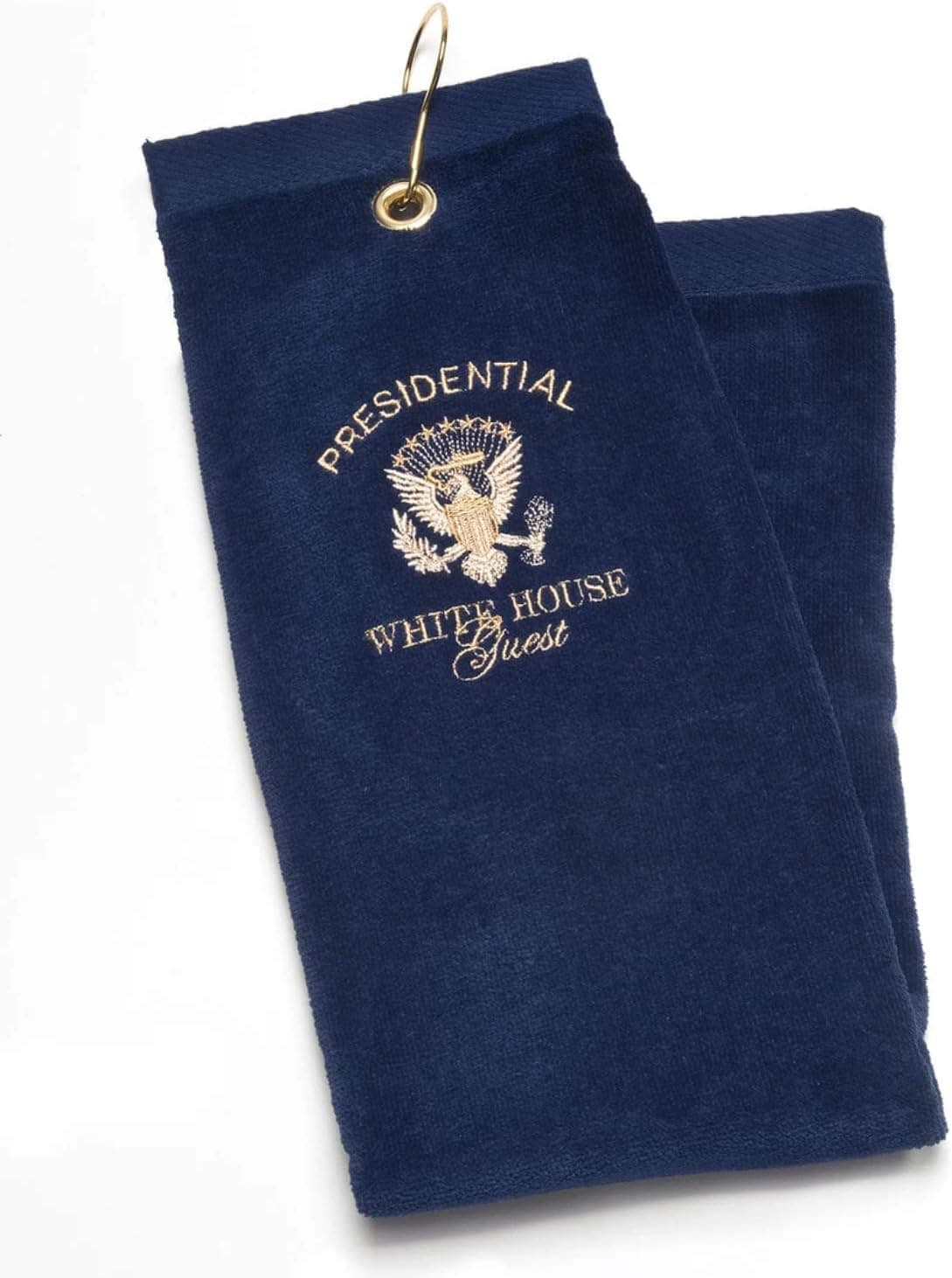 White House Gifts: Presidential White House Guest Golf Towel - Golf Bag Accessories - Navy - Pure Cotton with Gold Embroidery and Hook - Perfect as Souvenir or Premium Collectible