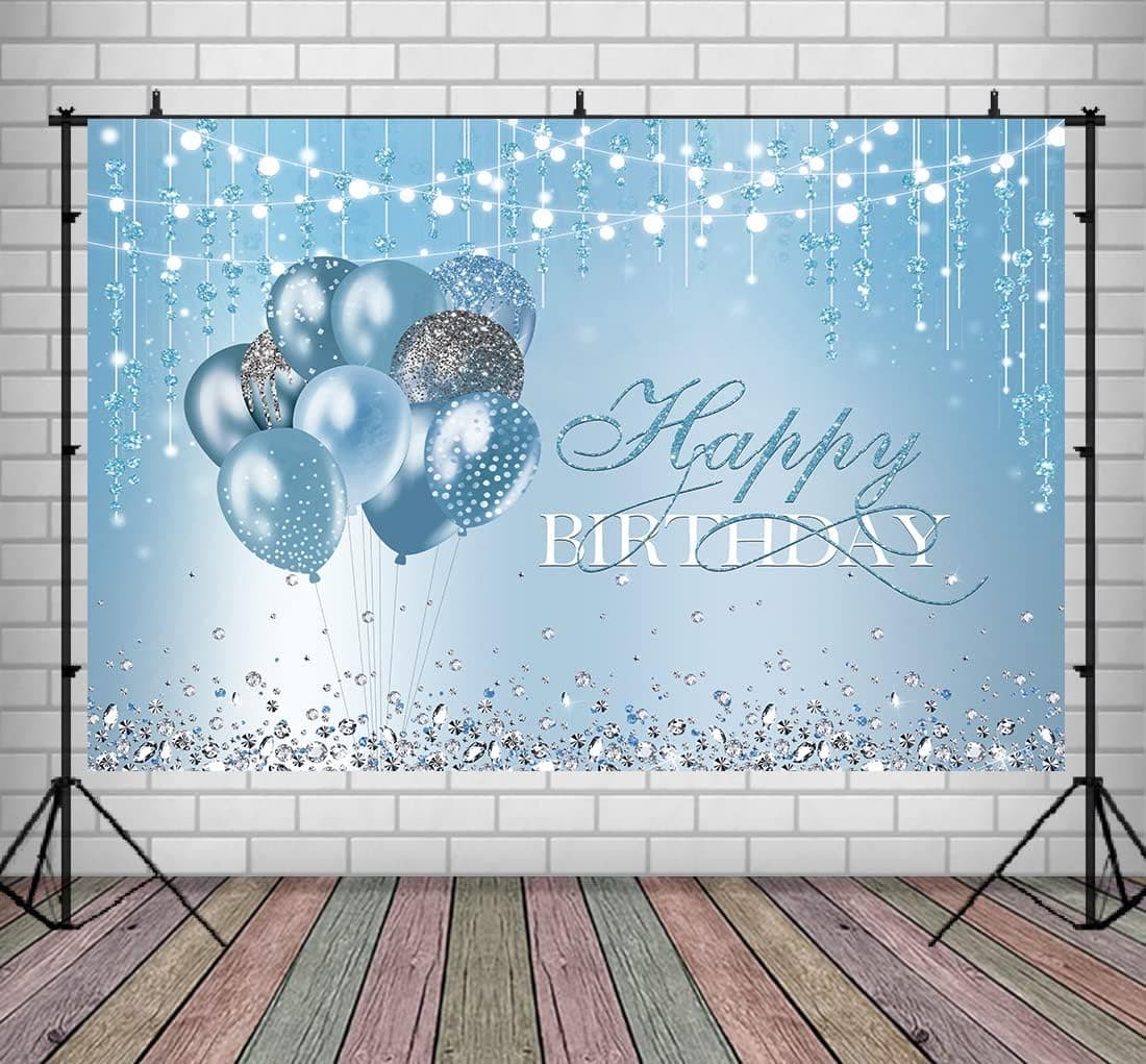 Lofaris Sweet 16 Birthday Party Backdrop Silver and Sky Blue Diamonds Sweet 18th 21th Happy Birthday Background Balloons Glitter Lights Any Age Women Bday Party Decorations Cake Table Supplies 9x6ft