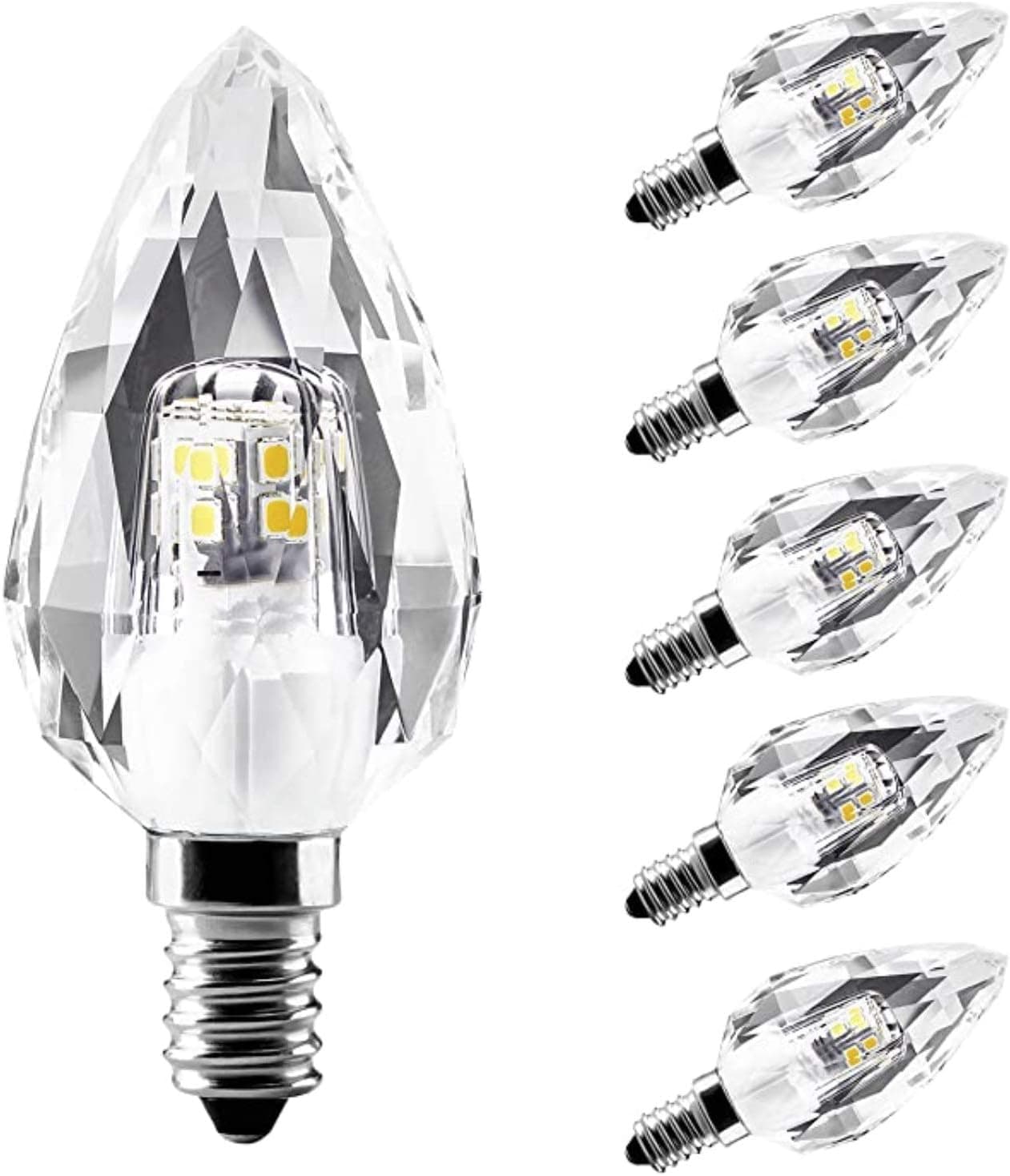Crystalumia Genuine Crystal LED Light Bulbs, Non-Dimmable, Candelabra Base (E12), Efficient 4.5W ~ 40W, Warm White 2700K, Perfect Luxury Complement for Chandeliers and Decorative Lamps | 6-Pack Count