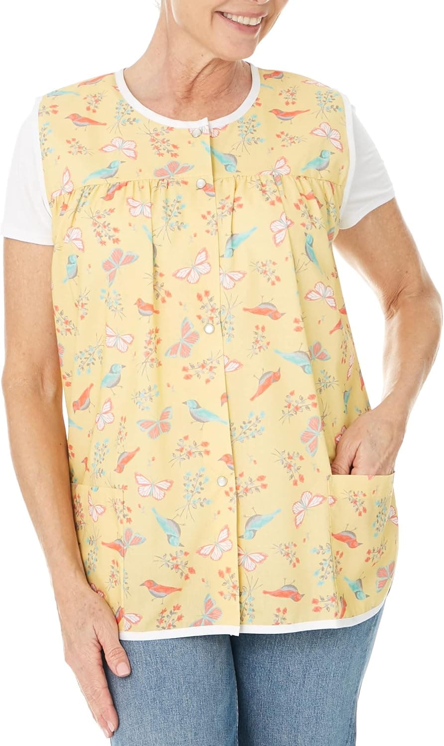 AmeriMark Easy-Care Snap Front Cobbler Aprons Vest with Two Patch Pockets Birds/Butterflies 4X