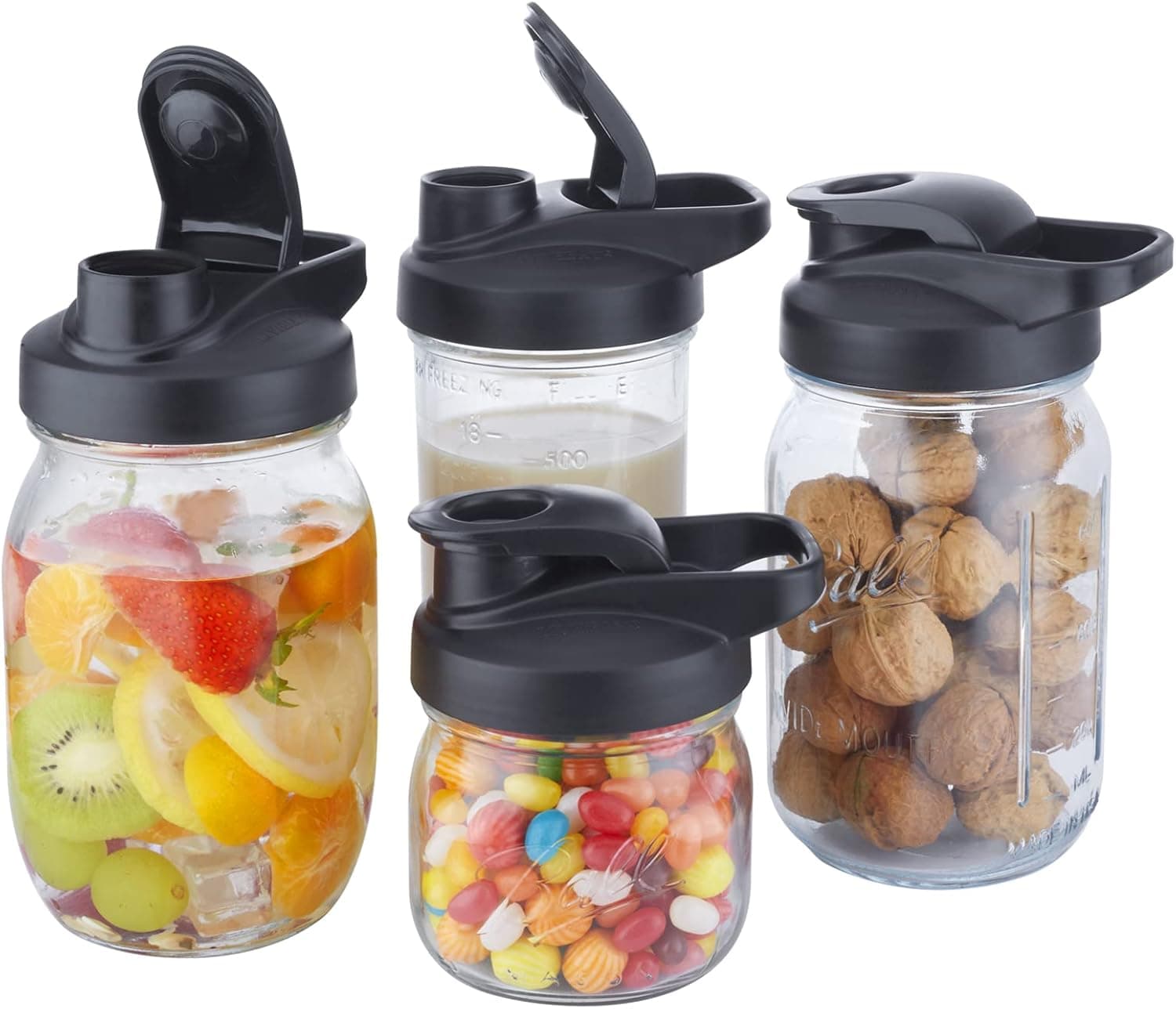 LIVEBAY Mason Jar Flip Cap Lid with Airtight, Leak-Proof Seal and Easy Pour Spout - Wide Mouth, 4 Pack Black Lids (Jar Not Included)