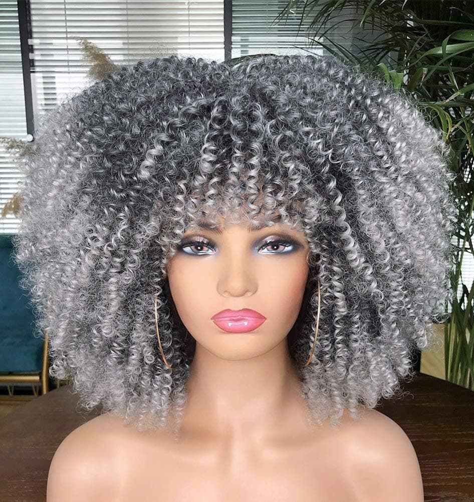 Annivia 14inch Afro Kinky Curly Wig with Bangs for Black Women No Glue Full and Fluffy Like a Bomb Short Curly Hair Wigs（Ombre Grey）