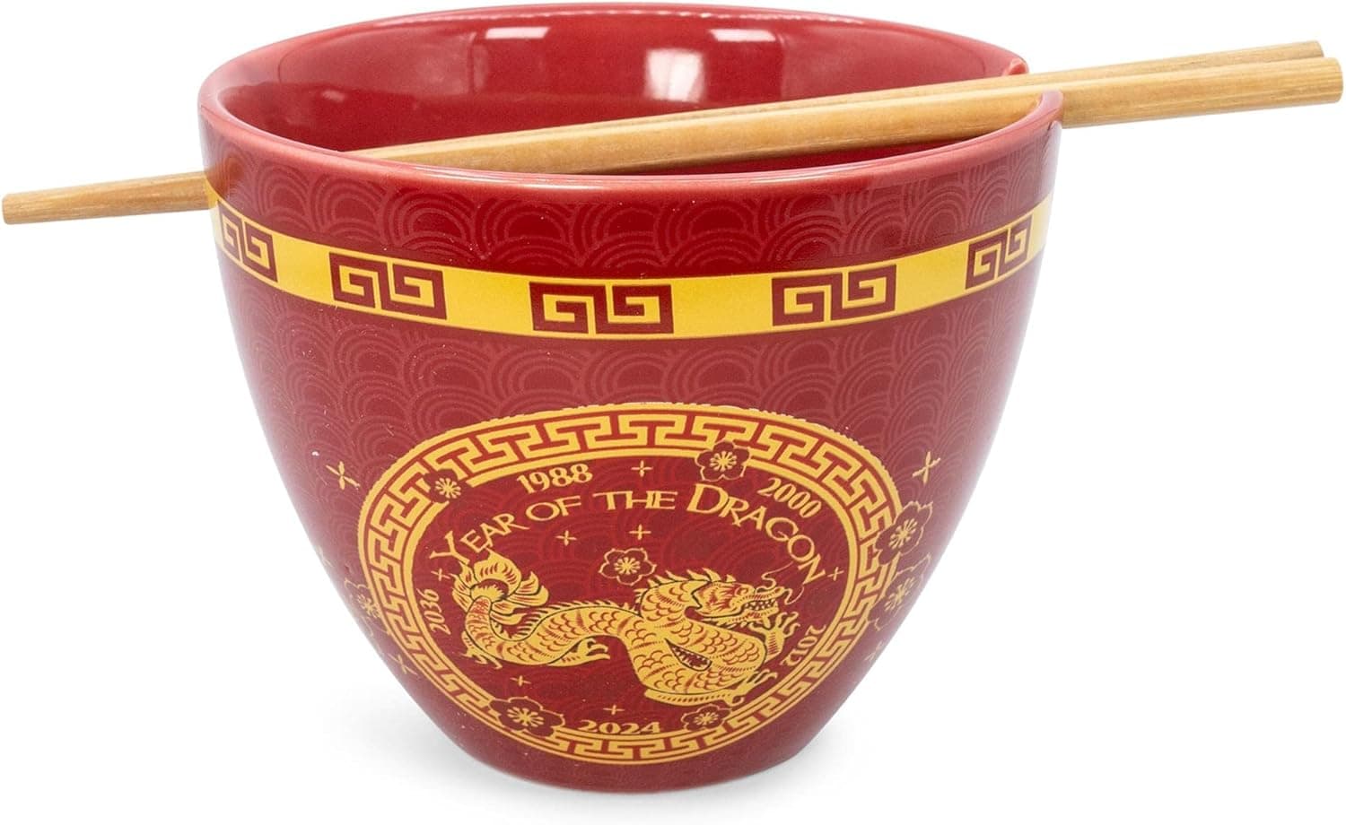 Boom Trendz Year Of The Dragon Chinese Zodiac Ceramic Set | Includes 16-Ounce Ramen Noodle Bowl and Wooden Chopsticks Asian Food Dish For Home & Kitchen Kawaii Lunar New Gifts, Red, One Size