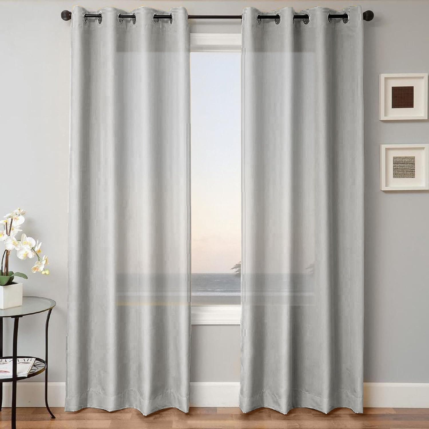 Gorgeous Home 1 Panel Solid Silver Gray SEMI Sheer Window Faux Silk Antique Bronze Grommets Curtain Drapes MIRA (84" Length)