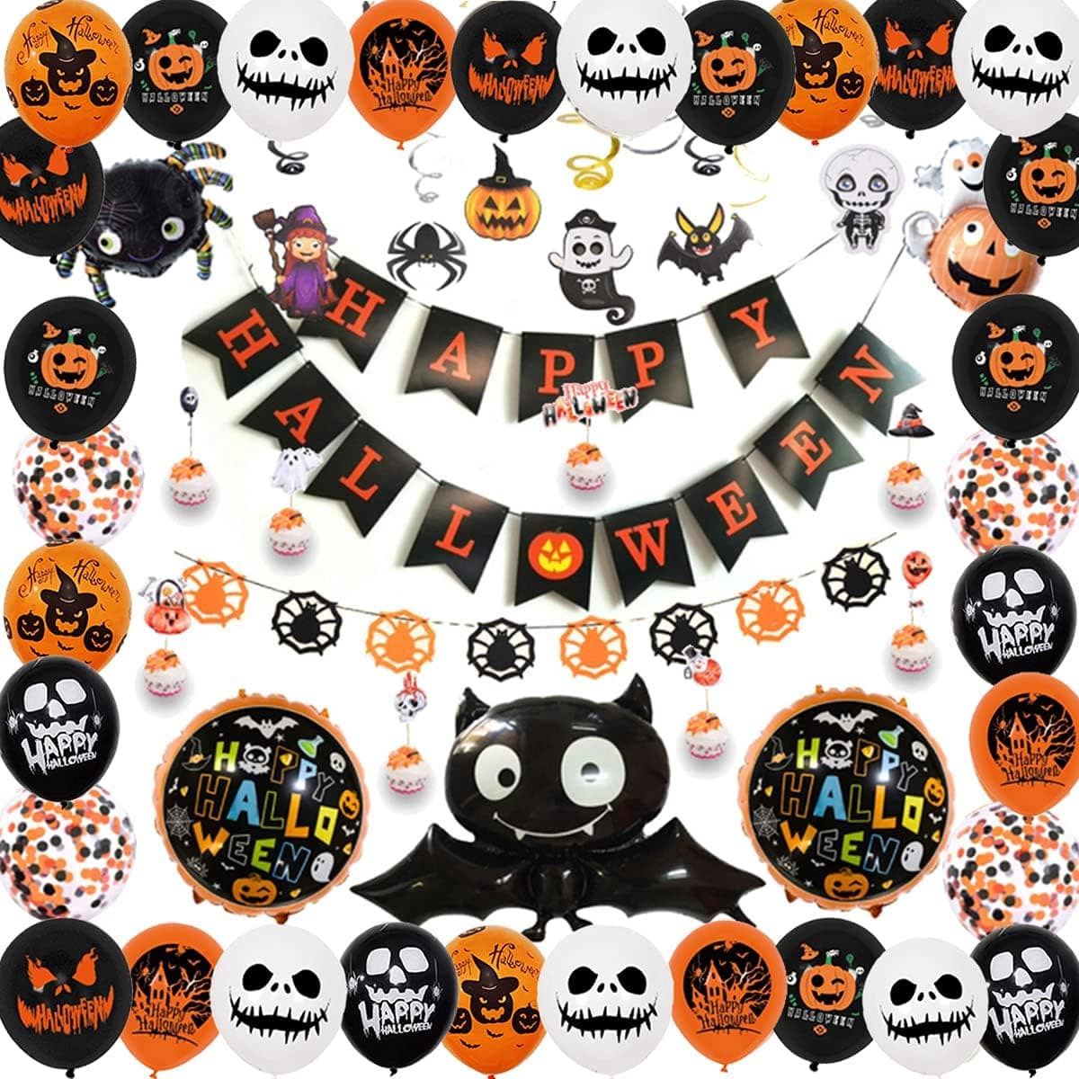 Halloween Balloons Decoration Set,61pcs Happy Halloween Banner Cake Topper ​Party Foil Balloons Photo Props Latex Balloons with Ribbons Spider Bat Pumpkin Skull Ghost Halloween Decor Supplies
