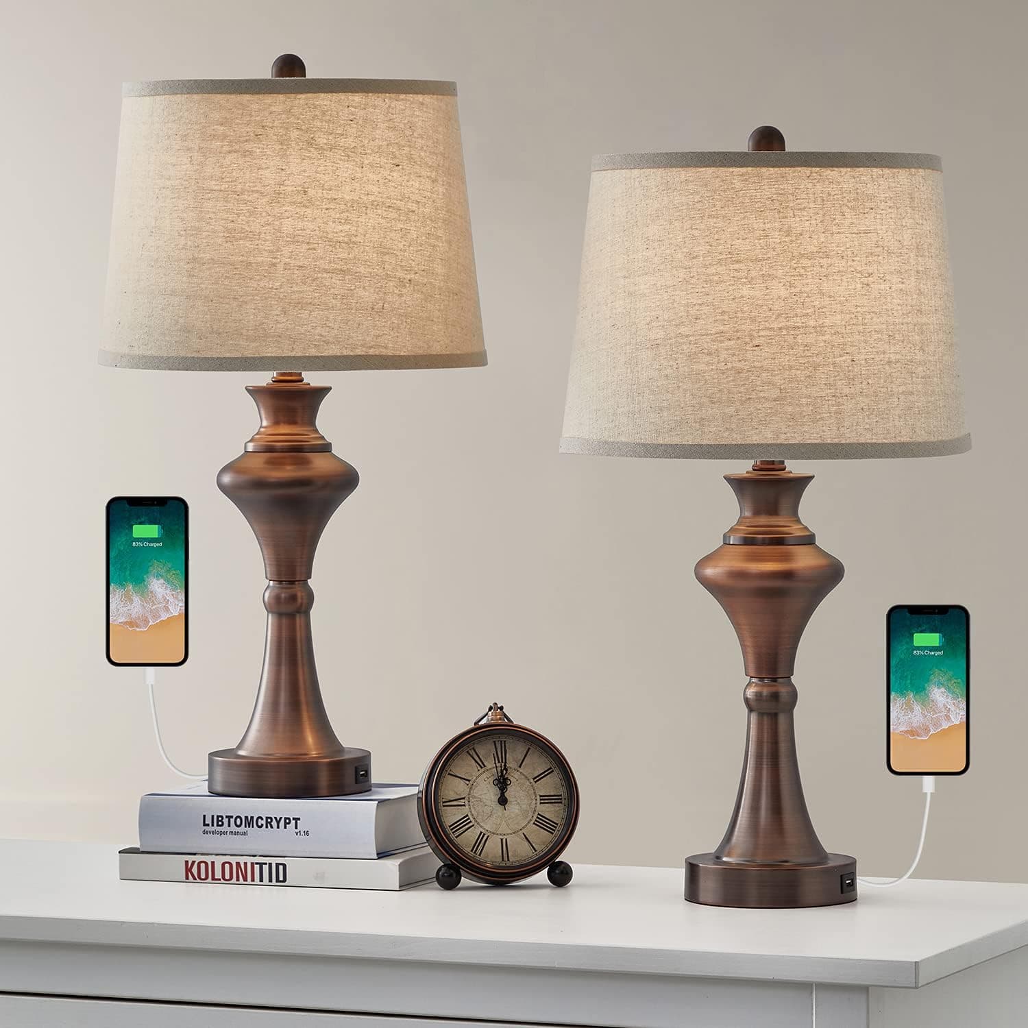 Oneach Modern Table Lamps Set of 2 USB for Living Room Bedroom 24.5“ Bedside Nightstand Lamps with Fabric Lampshade Oil Rubbed Bronze