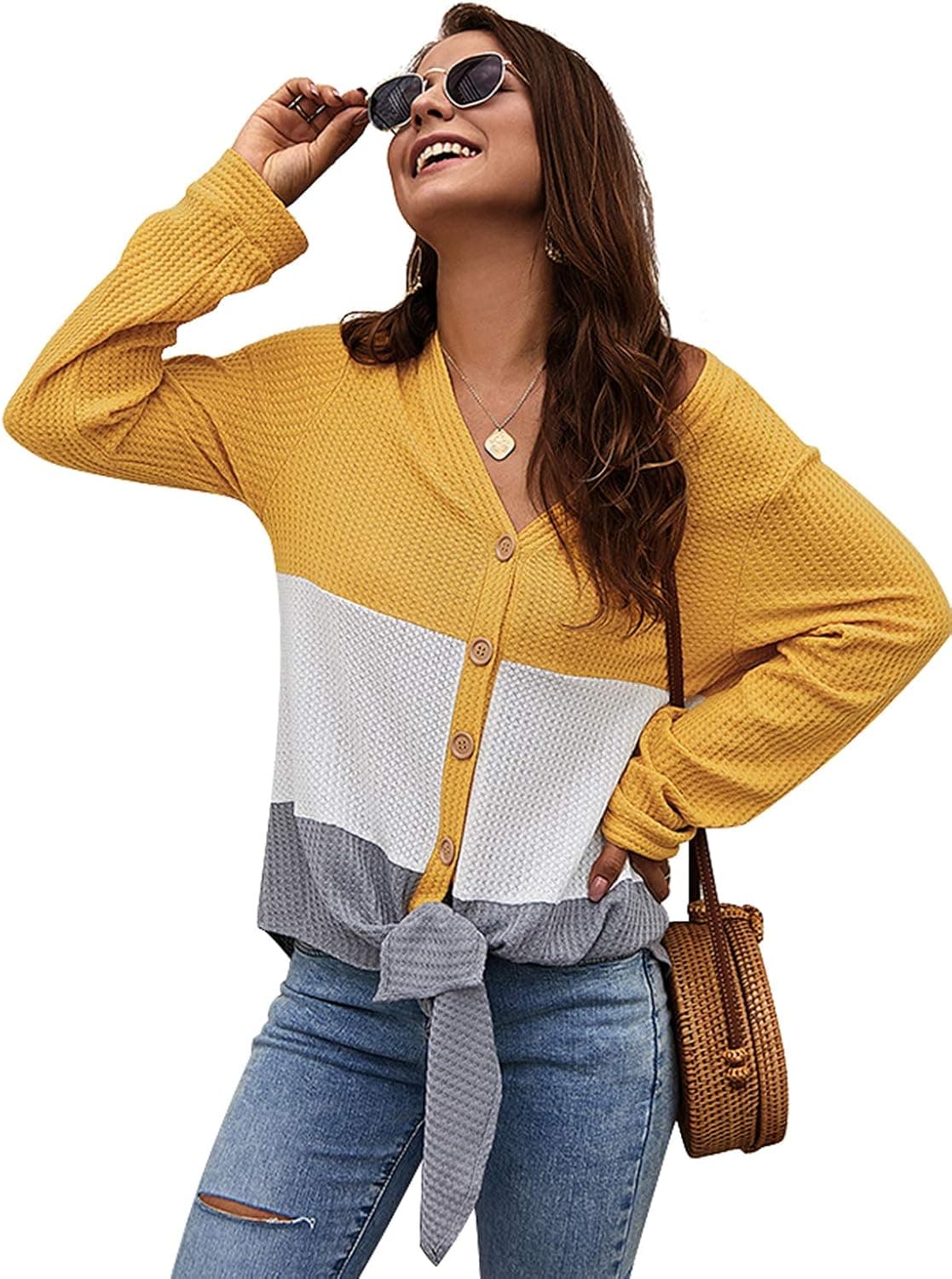 Marbetia Women`s Long Sleeve Color Block Blouse Button Down T Shirts Tie Front Knot Casual Tops
