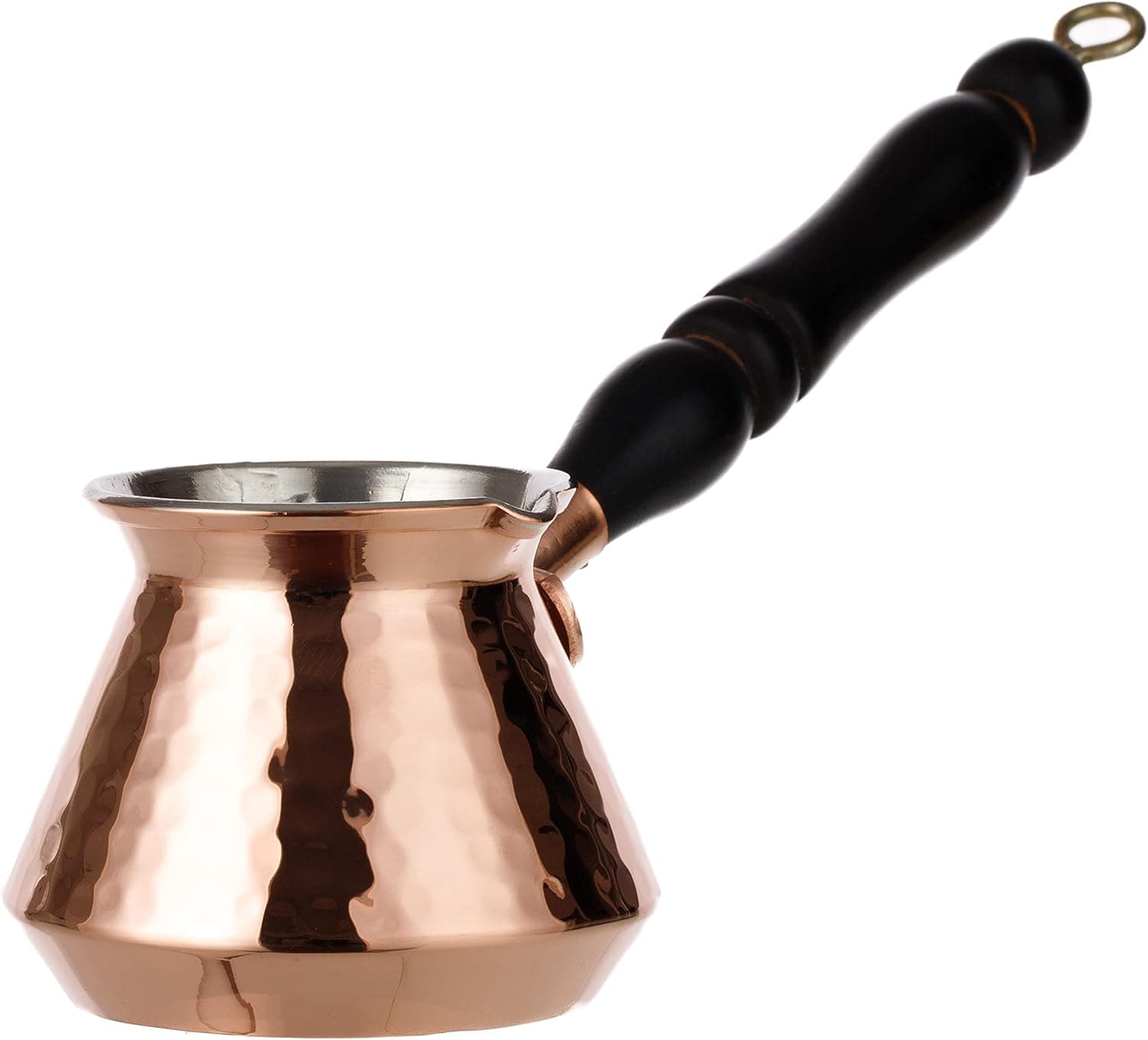 DEMMEX Thickest Turkish Greek Arabic Hammered Copper Coffee Pot Stovetop Coffee Maker Cezve Ibrik Briki with Wooden Handle & Wooden Pot Spoon, for 3 People (Copper)
