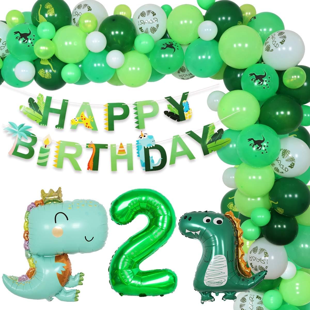 Dinosaur 2nd Birthday Party Decorations - Balloon Garland Kit with Happy Birthday Banner, Little Dino Foil Balloons for Dinosaur Second Birthday Party Supplies