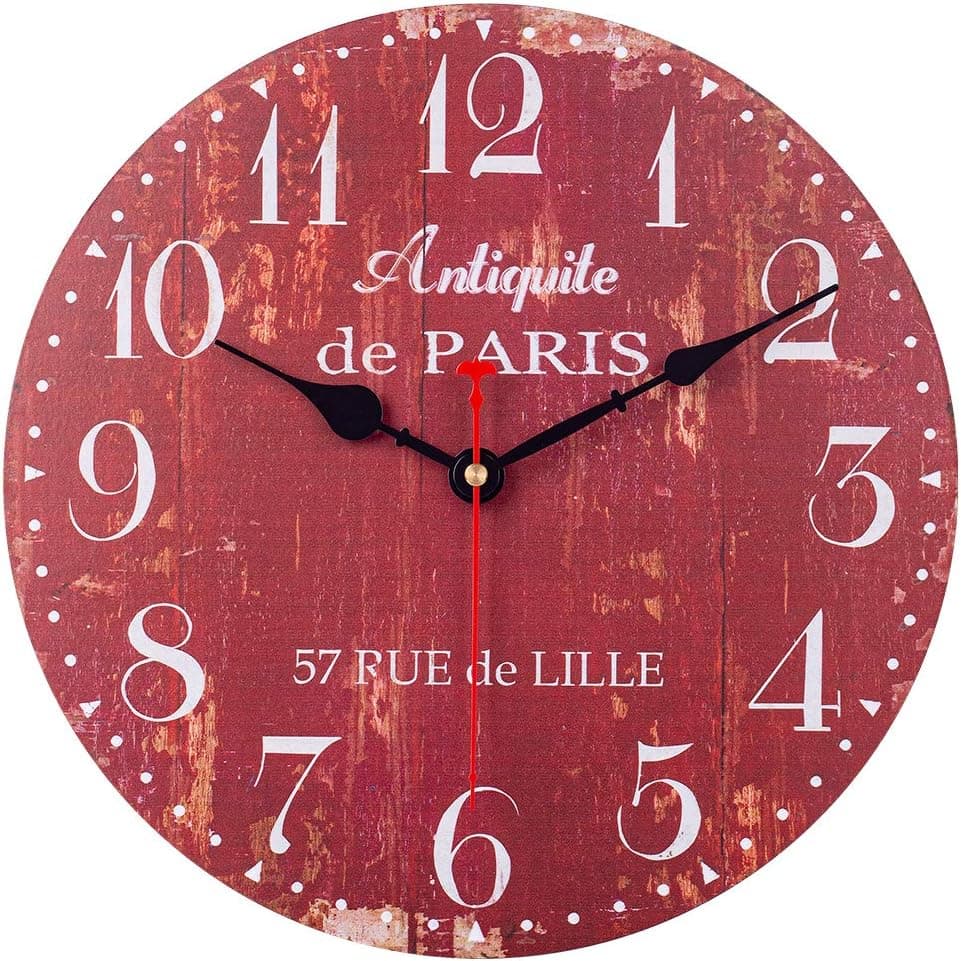 SkyNature Vintage Wall Clock, Silent Non-Ticking Battery Operated Quartz Movement, Large Arabic Numerals Wooden Decorative Clock for Living, Dining, Bedroom, Kitchen - 14 Inch, Distressed Red