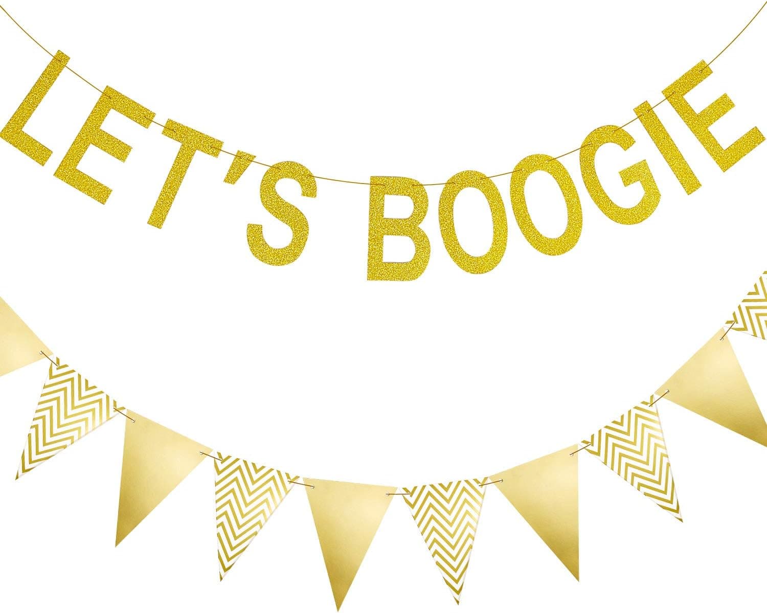 Let's Boogie Banner and Gold Triangle Flag Banner 70's Themed Party Decoration for Disco Themed Birthday Party Supply