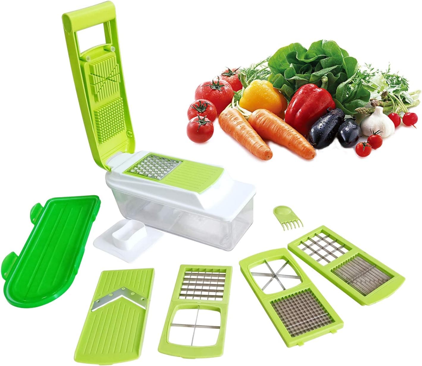 Vegetable Chopper- Fruit Chopper Dicer with Storage Container, Manual Vegetable Slicer Dicer Onion Chopper 7 in 1 Hand-Powered Grater Cutter Set for Fruit Cucumber Carrot Potato
