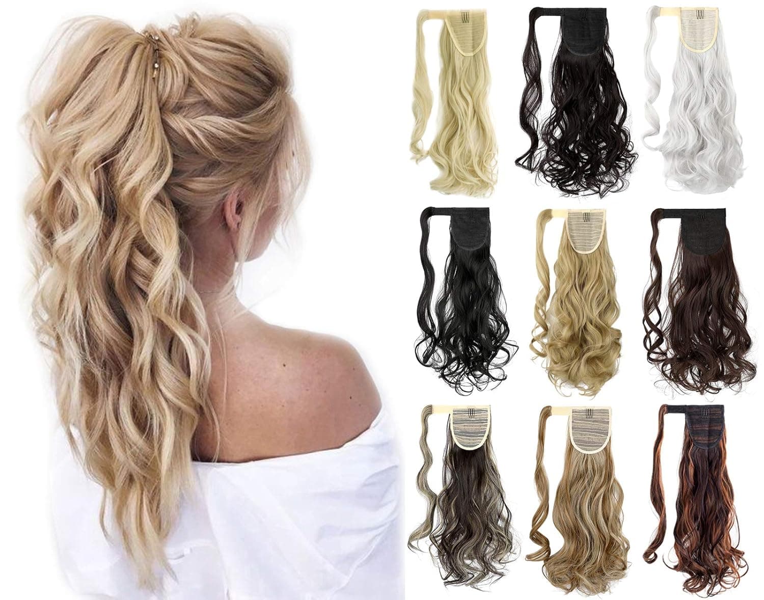 Felendy 20" 22" Ponytail Extension Curly Straight Drawstring Hairpiece Wrap Around Long Hair Extension for Women Ash Blonde Mix Ginger Brown