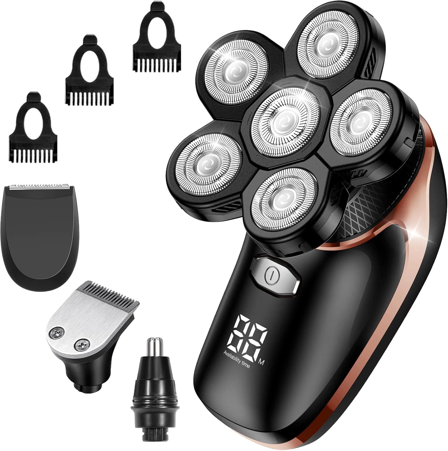 Head Shaver, ATEEN 5-in-1 Wet/Dry Bald Head Shavers for Men Anti-Pinch Head Electric Razor Grooming Kit Cordless Mens Rotary Shavers with LED Display, USB Rechargeable (Black)