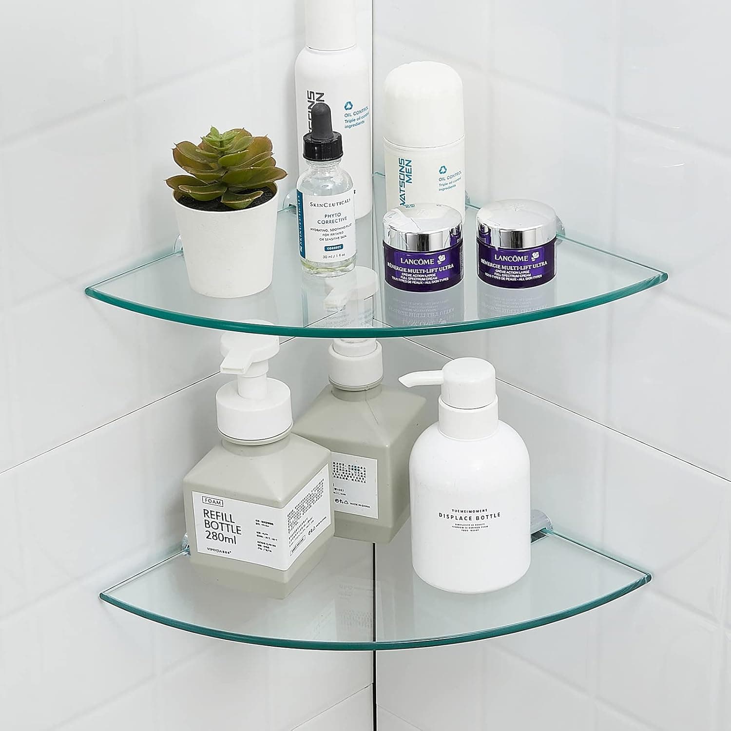 YorkHoMo Bathroom Shelves,Glass Corner Shelf Glass Shower Shelf Wall Mounted with Tempered Glass Stainless Steel Accessories for Bathroom Showeroom Bedroom Closets Kitchen(2-Tier)