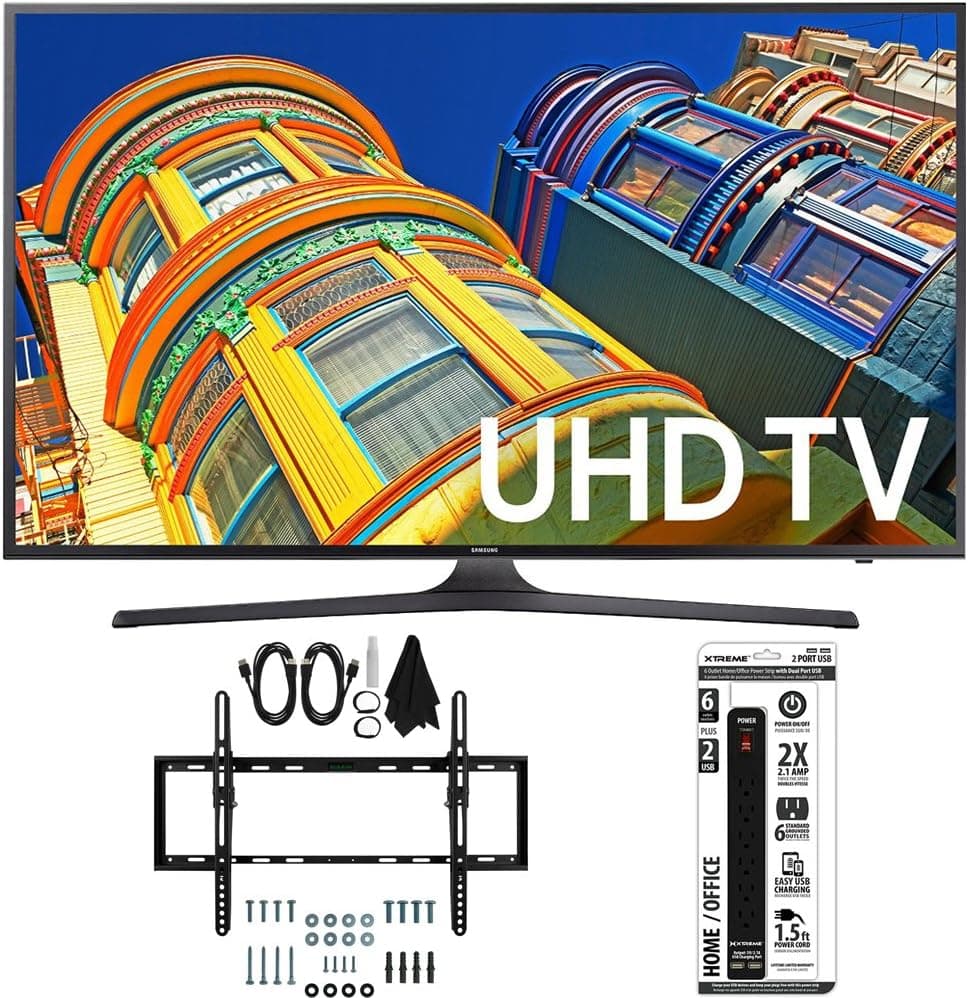 Samsung UN50KU6300 50-Inch 4K UHD HDR Smart LED TV with Tilt Wall Mount, 6 Outlet Power Strip with Dual USB Ports