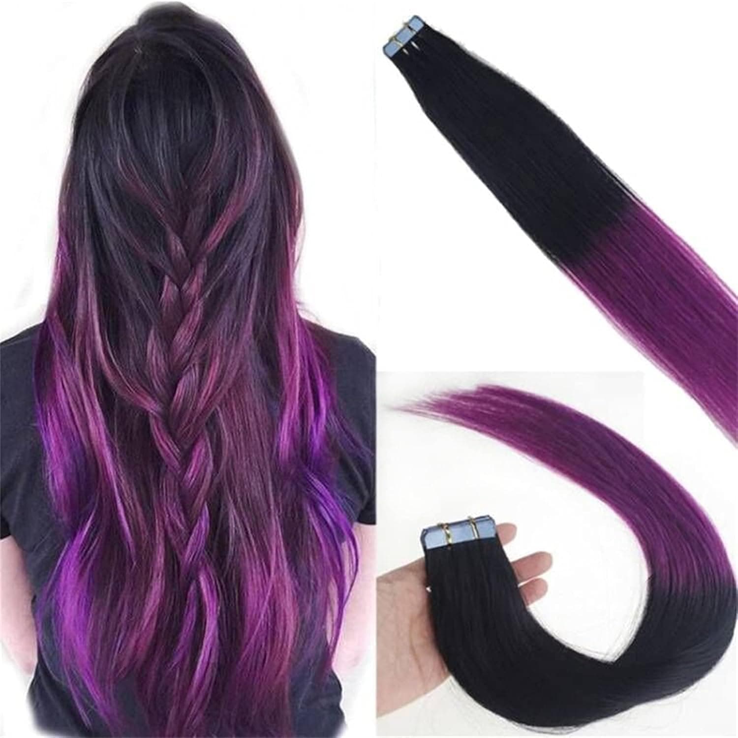 Seamless Tape in Human Hair Extensions Invisible Skin Wefts Brazilian Remy Human Hair Balayage Ombre Colors 16-24inch20pieces (Ombre Black to Purple, 18inch40gram)