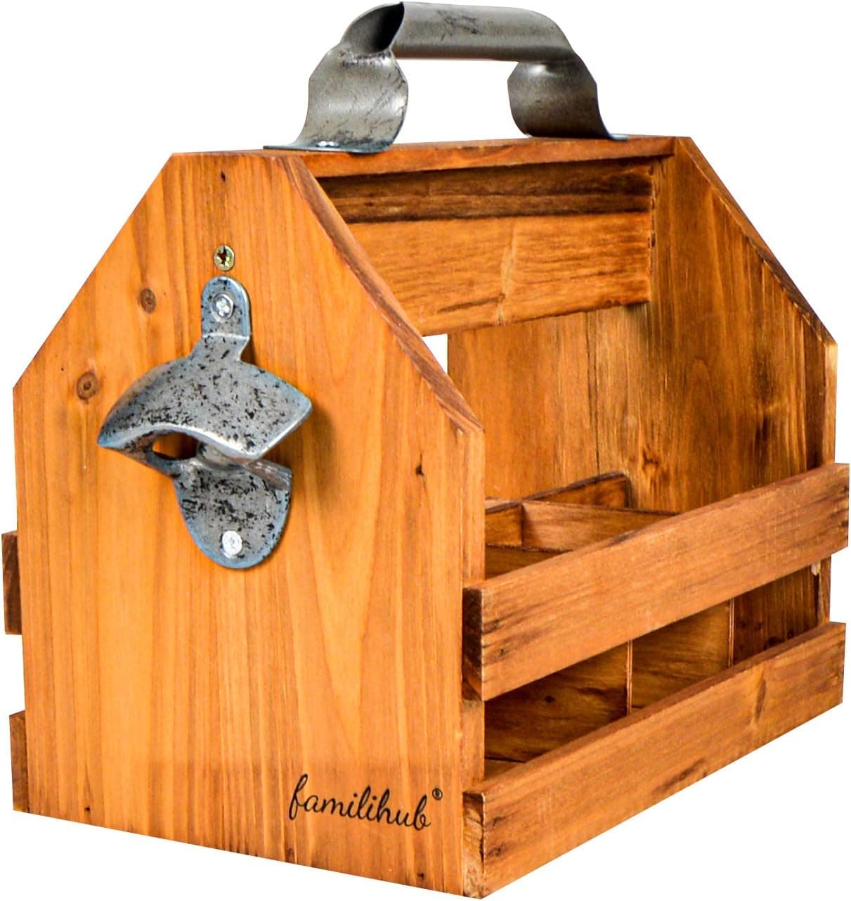 Wooden 6 Pack Vintage Beer Bottle Caddy, Carrier, Holder with Bottle Opener and Removable Inner Divider