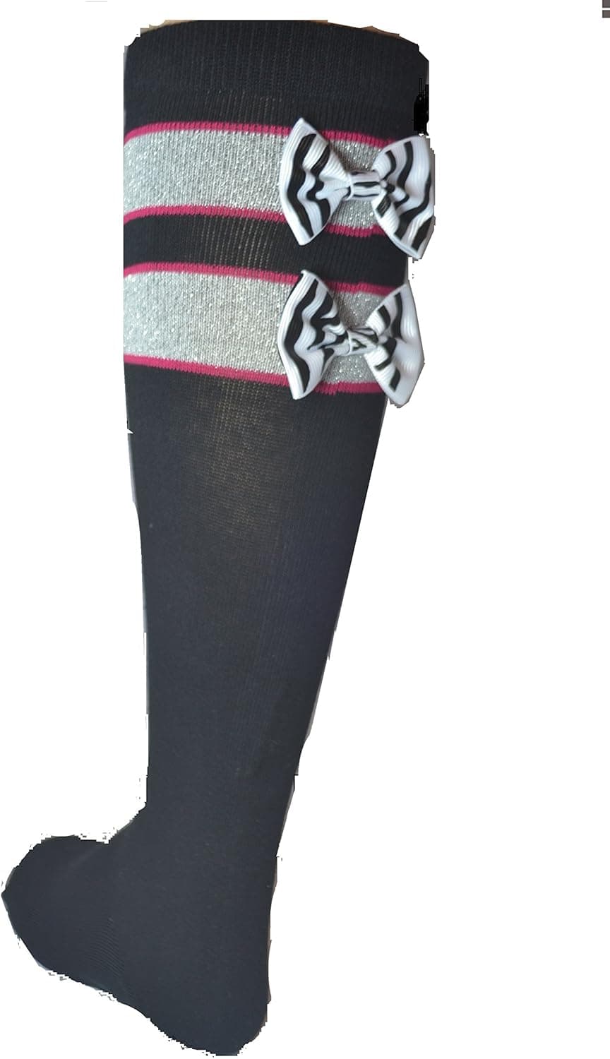 Black Tot Jocks Girls Sports Socks Pink, Black and Silver with Zebra Print Bow Kids Size 9-2.5, Soccer, Volleyball, Field Hockey, Softball