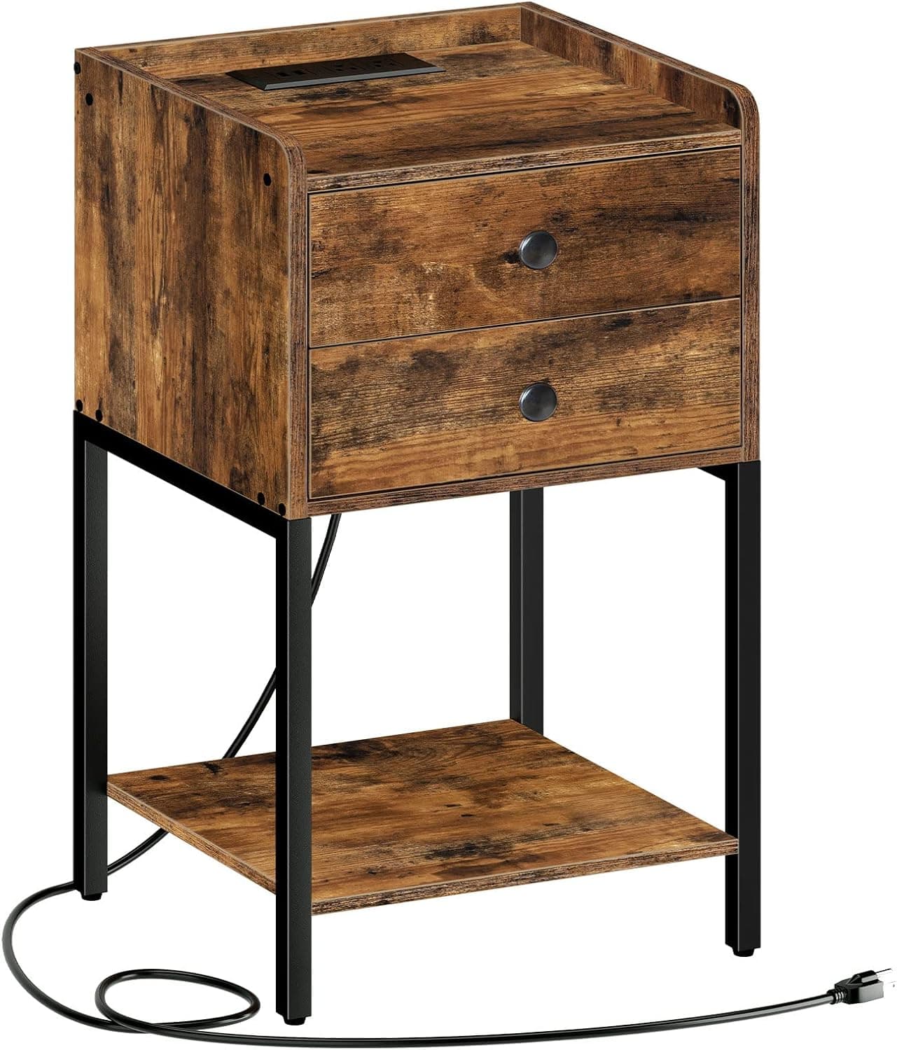 ALLOSWELL Nightstand with Charging Station, End Table with Power Outlets & USB Ports, Tall Side Table with 2 Drawers and Wooden Shelf, Bedside Table for Bedroom, Living Room, Rustic Brown ETHR4201
