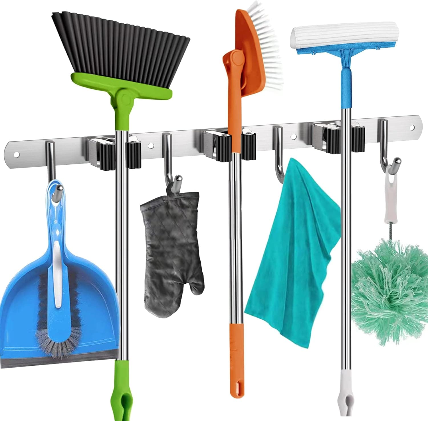 Homely Center Mop and Broom Holder Wall Mount – Heavy-Duty Broom Closet Organizer for Garage, Kitchen, Laundry Organization – Broom and Mop Holder – Tool Hanger with 3 broom racks and 4 broom hooks (2 Pack)