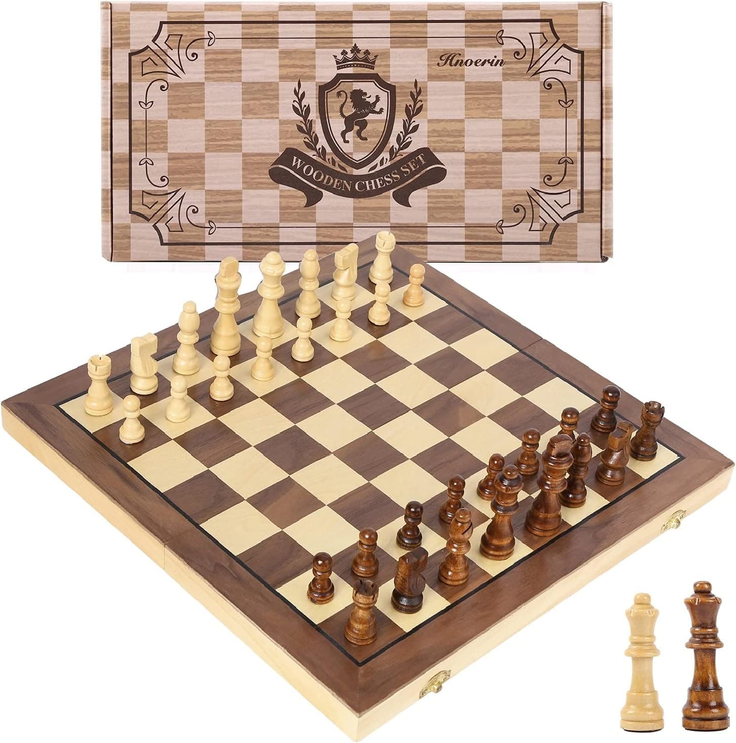 Hnoerin 15 Inches Magnetic Chess Set Large Folding Wooden Chess Board Handmade Staunton Style Chess Pieces Interior Storage for Pieces