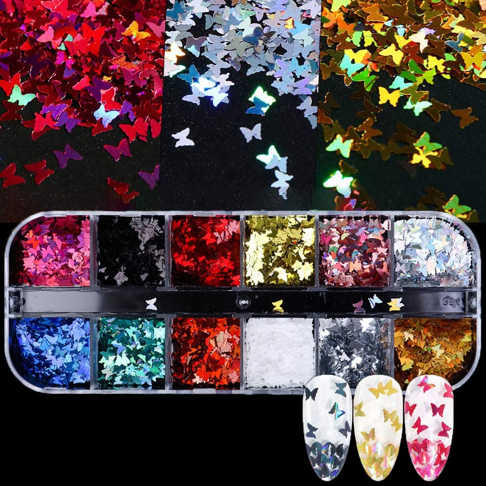 Colorful Nail Glitter Sequins Holographic Butterfly Nail Art Supplies Sparkly Nail Sequins Face Body Glitters for Nail Art Decoration & DIY Crafting 12 Color/Set