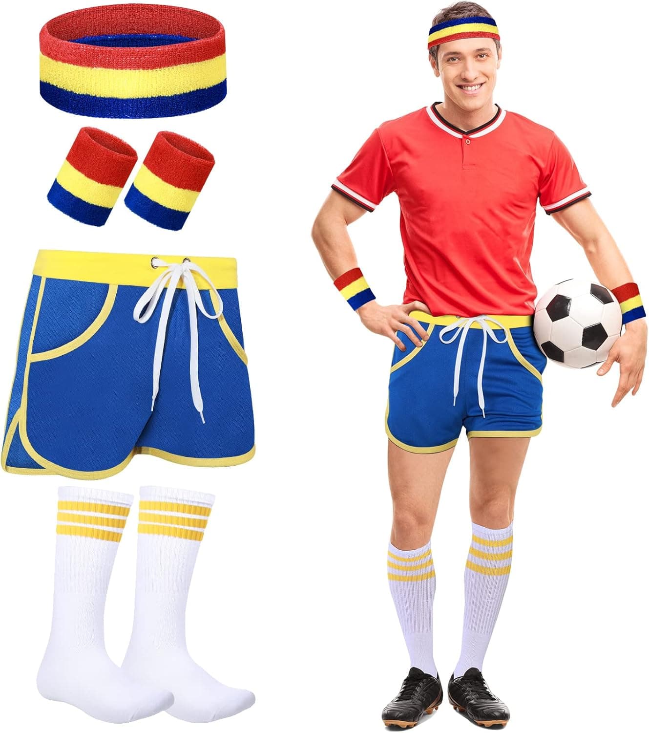 6 Pcs 80s Costumes for Men Set, Including Running Shorts Striped Sweatbands Headband Wristband High Tube Socks for Men