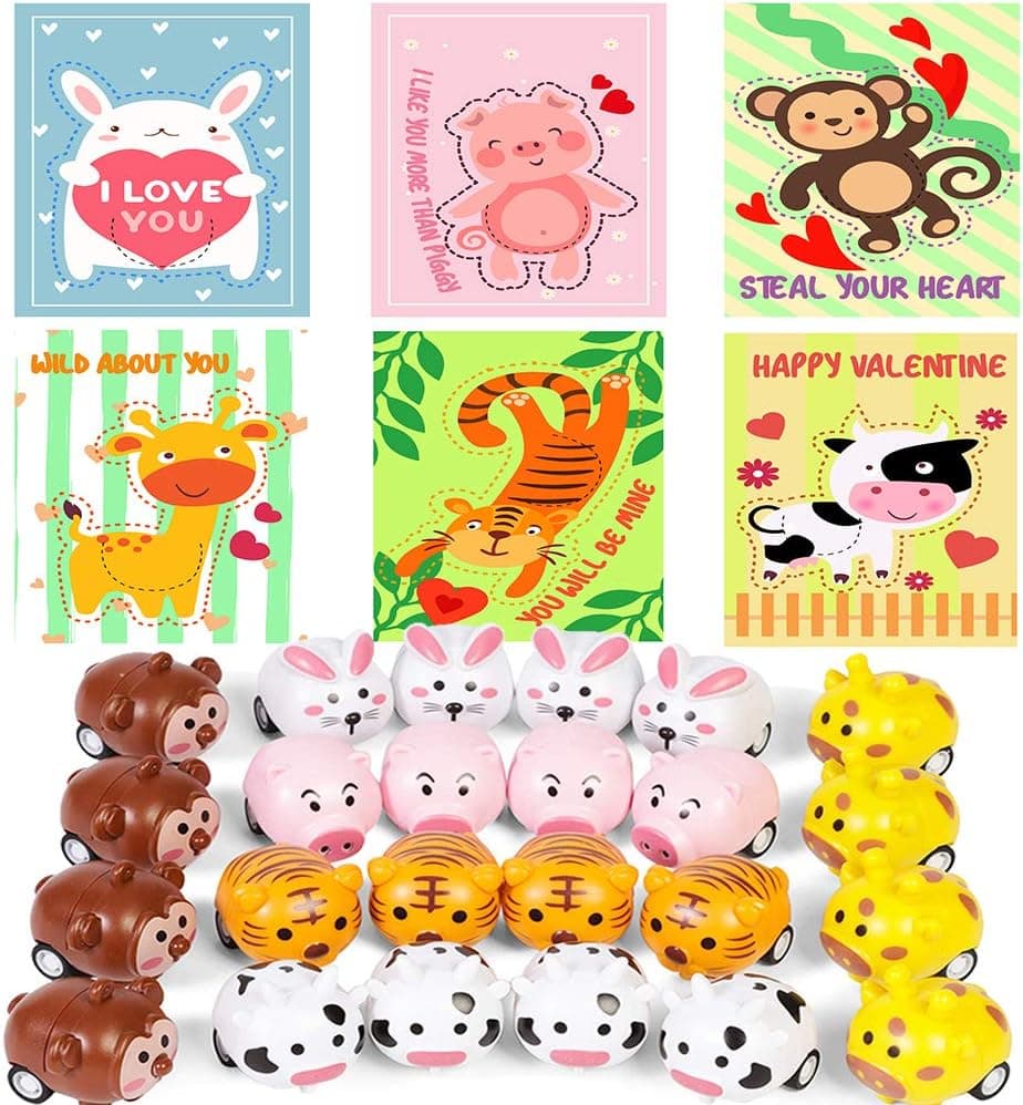 UMEELR Valentines Day Gifts Cards with Animal Pull Back Car Toys, 24 Pack Valentine's Greeting Cards for Kids Valentine's School Classroom Prize Party Favor Toys, Valentine Gift Exchange