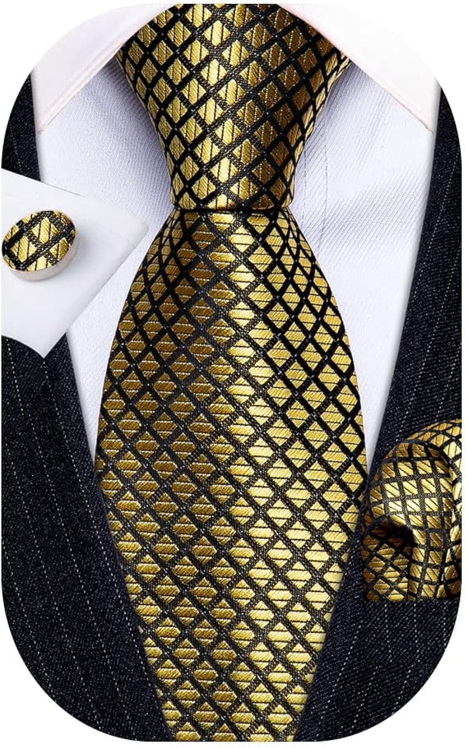 Barry.Wang Plaid Ties Check Mens Necktie Set with Handkerchief Cufflinks Classic Stripe