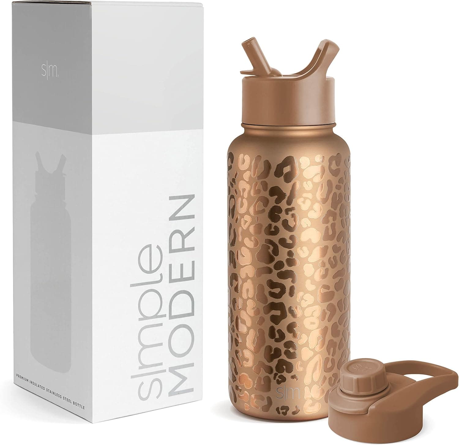 Simple Modern Water Bottle with Straw and Chug Lid Vacuum Insulated Stainless Steel Metal Thermos Bottles | Reusable Leak Proof BPA-Free Flask for Gym, Sports| Summit Collection | 32oz, Copper Leopard