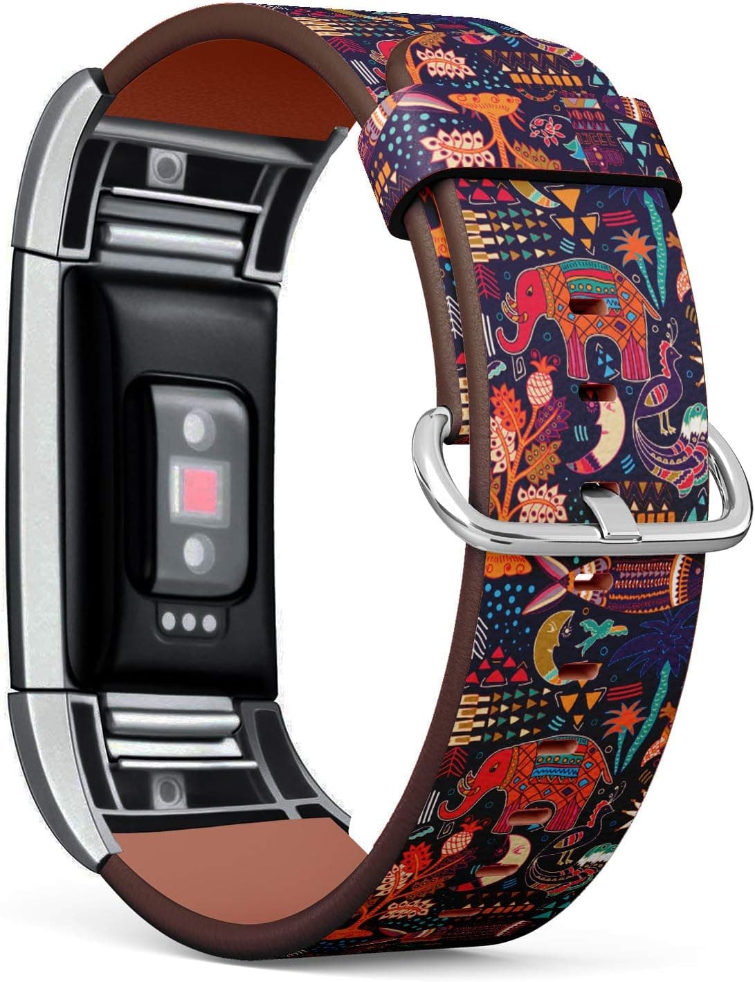 Replacement Leather Strap Printing Wristbands Compatible with Fitbit Charge 2 - Hand Drawn Tribal Pattern with Fitbit Decorative Elephant Fish Moon and Geometric Elements
