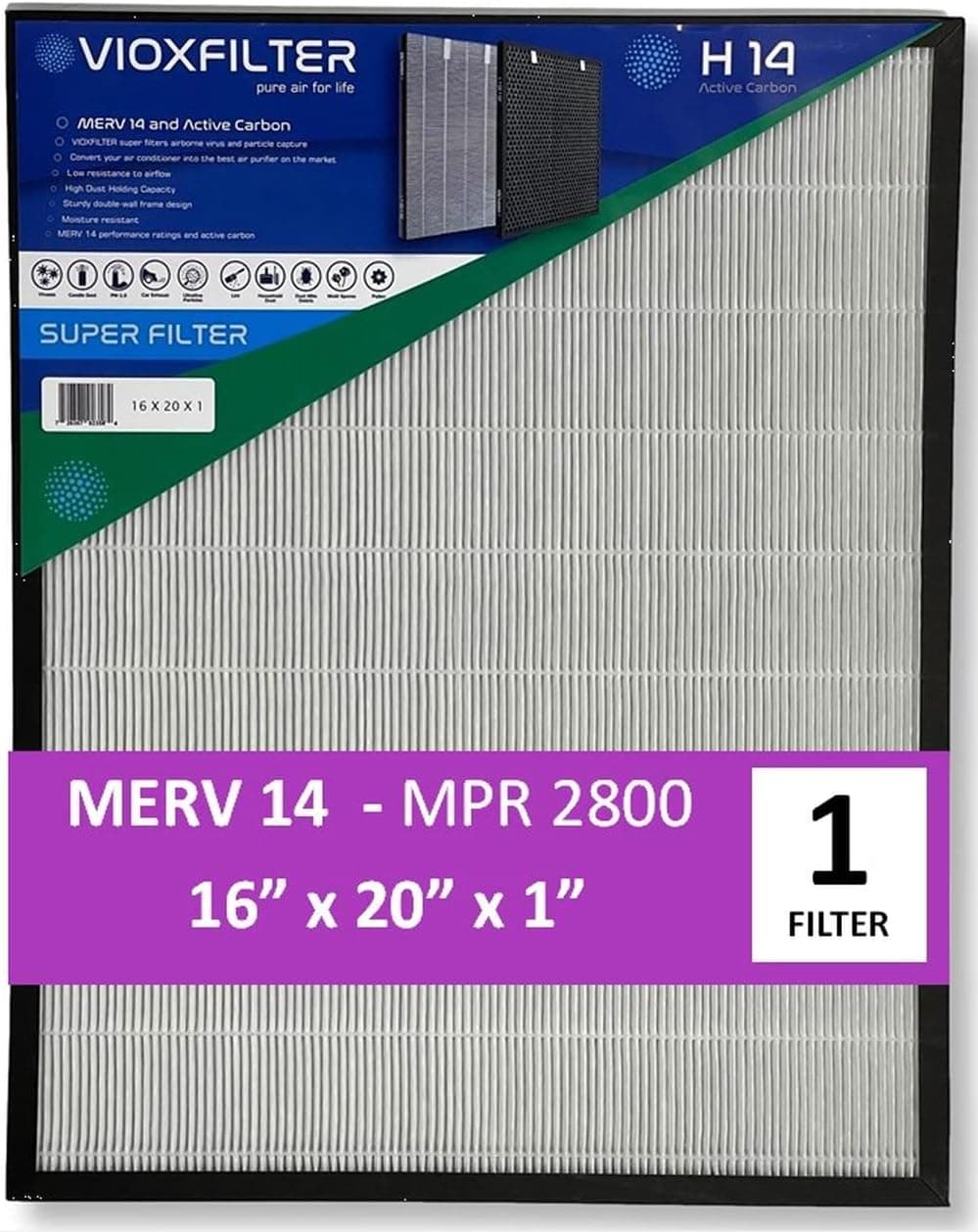 Vioxfilter H14AF16201 Pack of 1 MERV 14 Pleated 16x20x1 AC Furnace Air Filter; Low Resistance to Air Flow; Filters Air from A/C