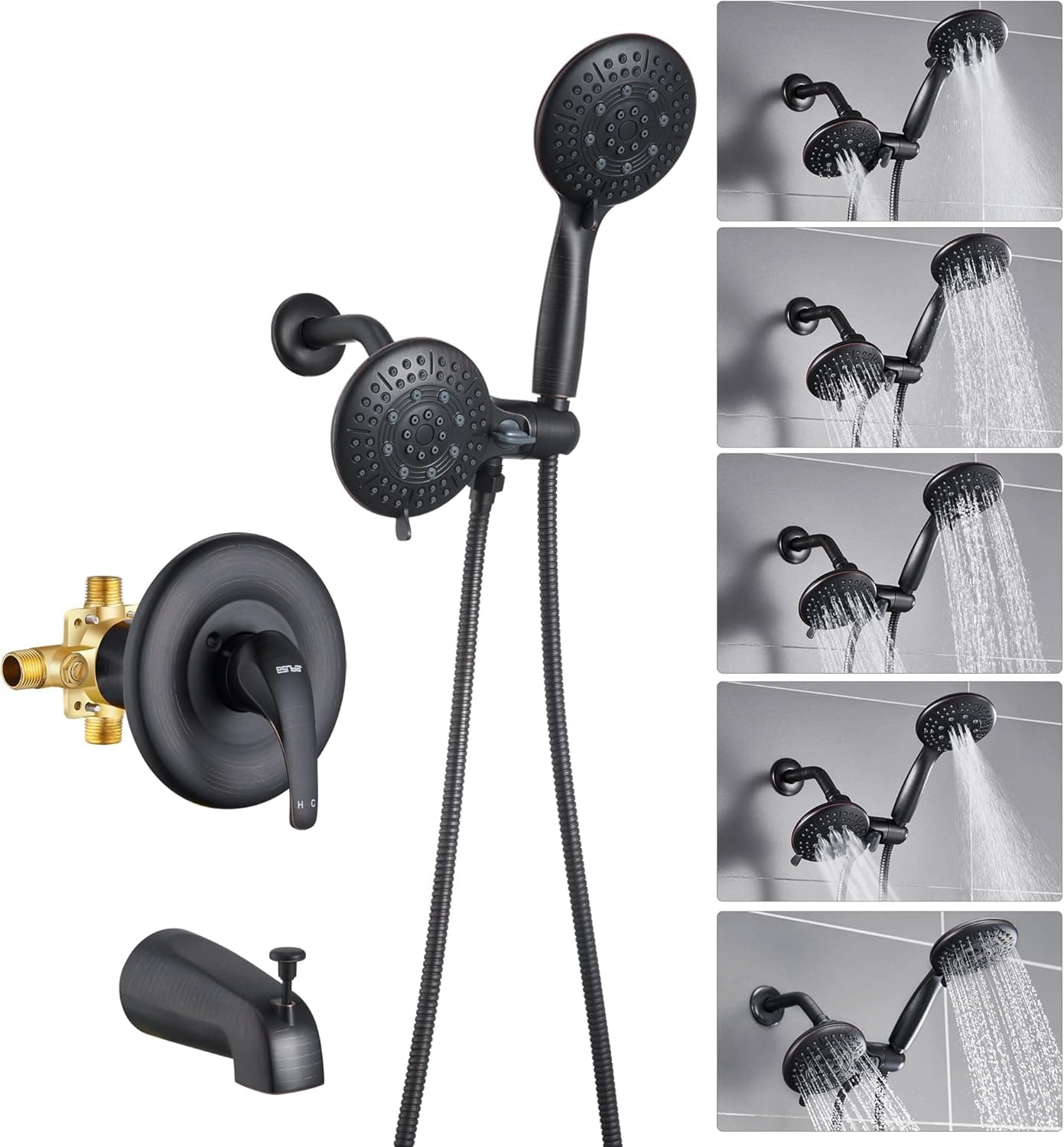 Esnbia Shower System, Wall Mounted Shower Faucet Set for Bathroom with High Pressure Rain Shower head and 5-Setting Handheld Shower Head Set, Bronze