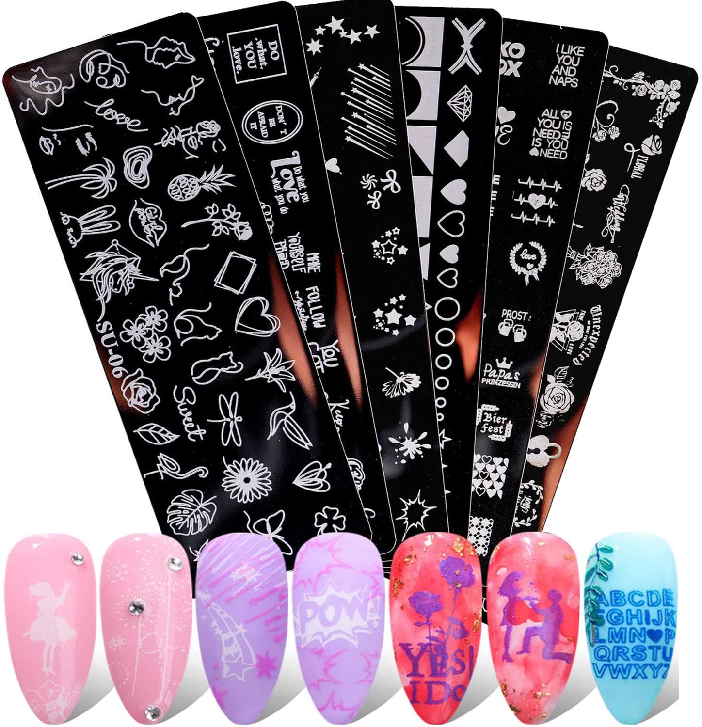 JMEOWIO 6 Pcs Valentines Day Nail Art Stamping Plates, Stamp Template Heart Rose Kiss Lips French Eiffel Tower Flowers Unicorn Abstract Graffiti Face Design Manicure Tips Nail Decoration for Women Girls