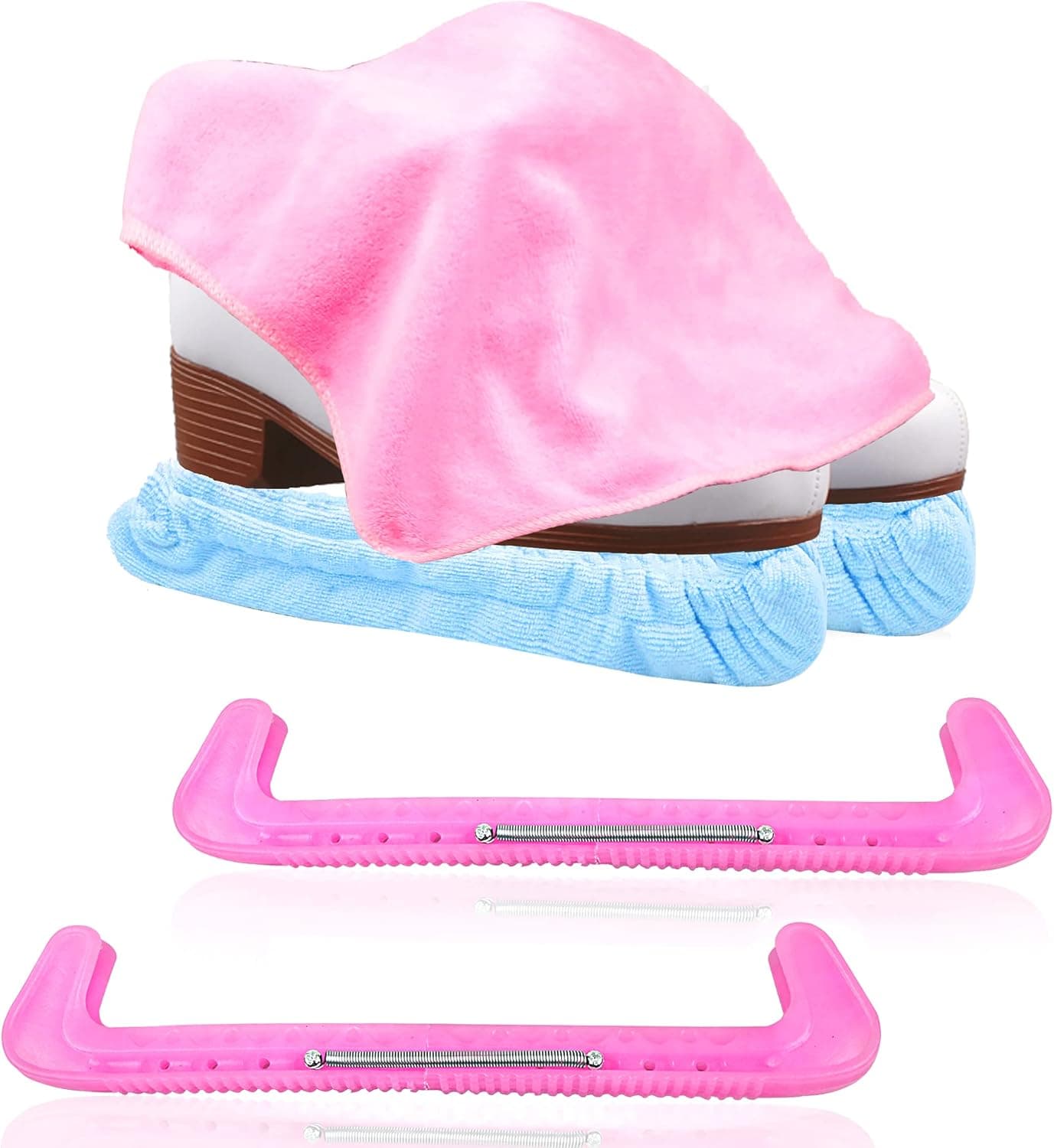 5-Pack Adjustable Hard Skate Guards with Pink Microfiber Towel, Soft Ice Skating Blade Covers for Girls,Absorbent Blade Soakers for Youth Figure,Ice and Hockey Skates.