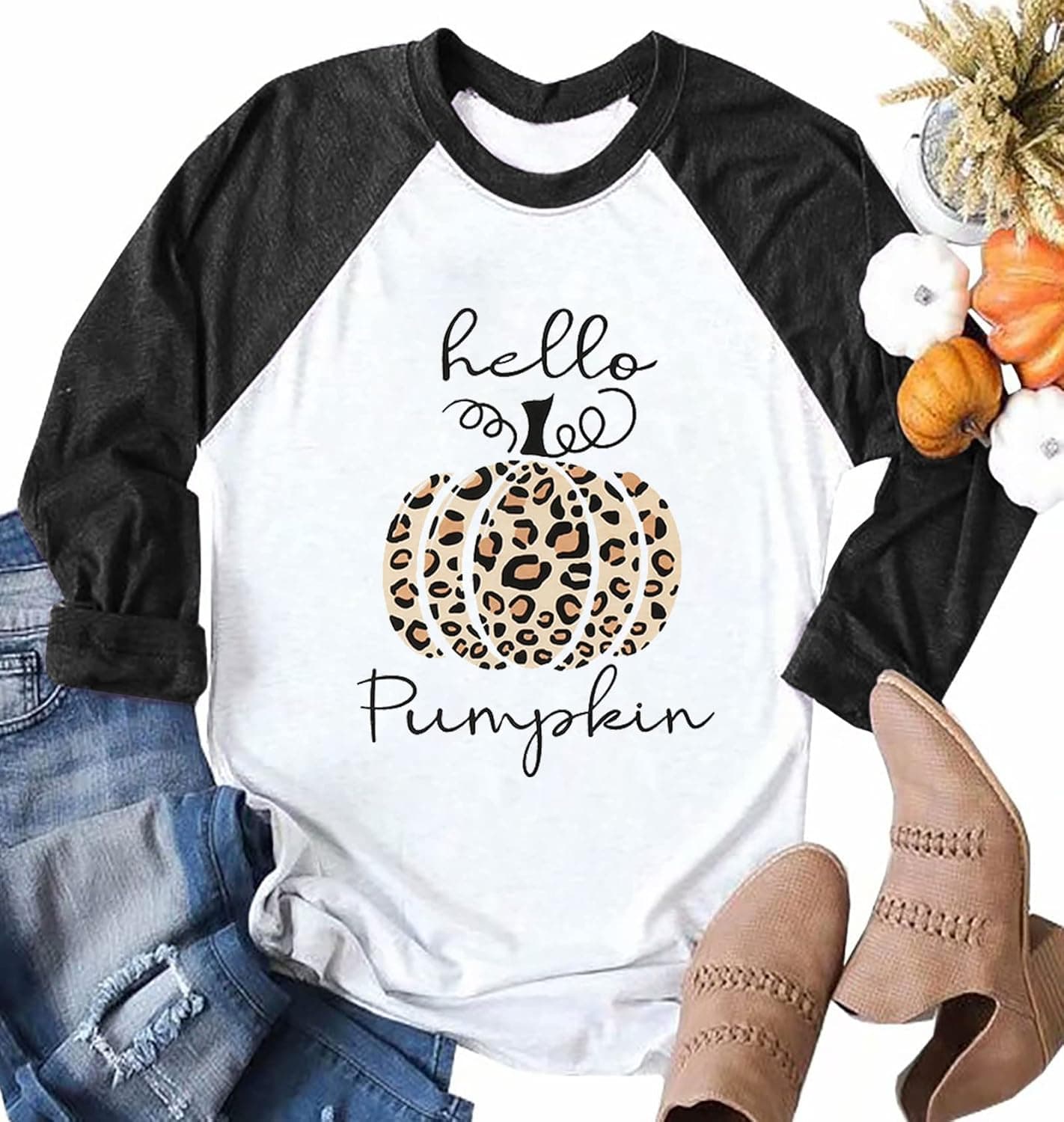 Thanksgiving Plaid Pumpkin T Shirt Womens Thankful Leopard Pumpkin Graphic Shirt 3/4 Sleeve Raglan Love Fall Halloween Shirts