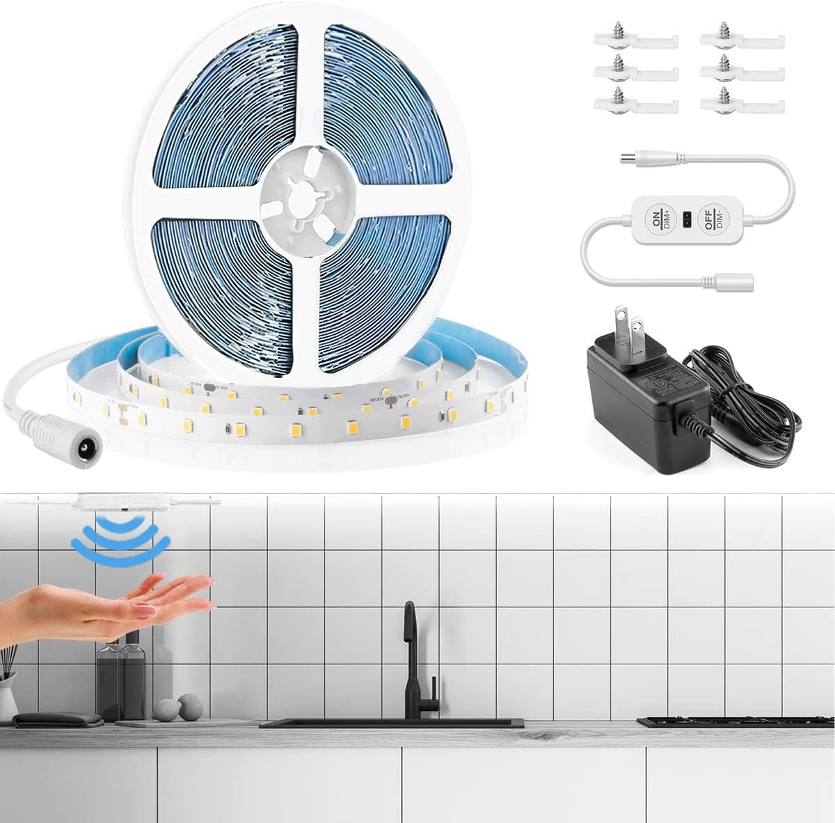 20ft / 6M Velted White LED Strip Lights Motion Sensor, LED Rope Lights Under Cabinet Hand Wave Lighting 6000K Bright Daylight, 360 LEDs, 1800lm, for Home Kitchen Bedroom with 12V Adapter