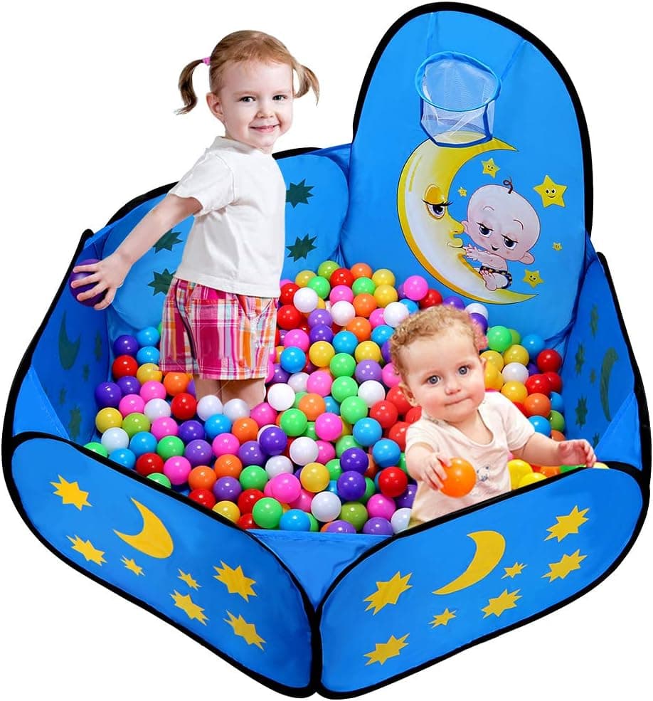 Likorlove Kid Ball Pit with Basketball Hoop 4ft/120cm, 1-6 Years Child Toddler Ball Ocean Pool Tent with Zippered Storage Bag for Boys Girls (No Smell) Healthy Pop Up Star Play Tent (Deep Blue)